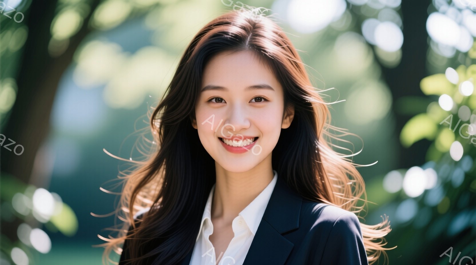 長いダークブラウンの髪は肩にかかり、風になびいています。女性は白いシャツに黒いジャケットを着ており、満面の笑顔でカメラを見つめています。背景には緑豊かな木々がぼやけており、屋外で晴れた日の撮影であるこ - AI生成フリー素材