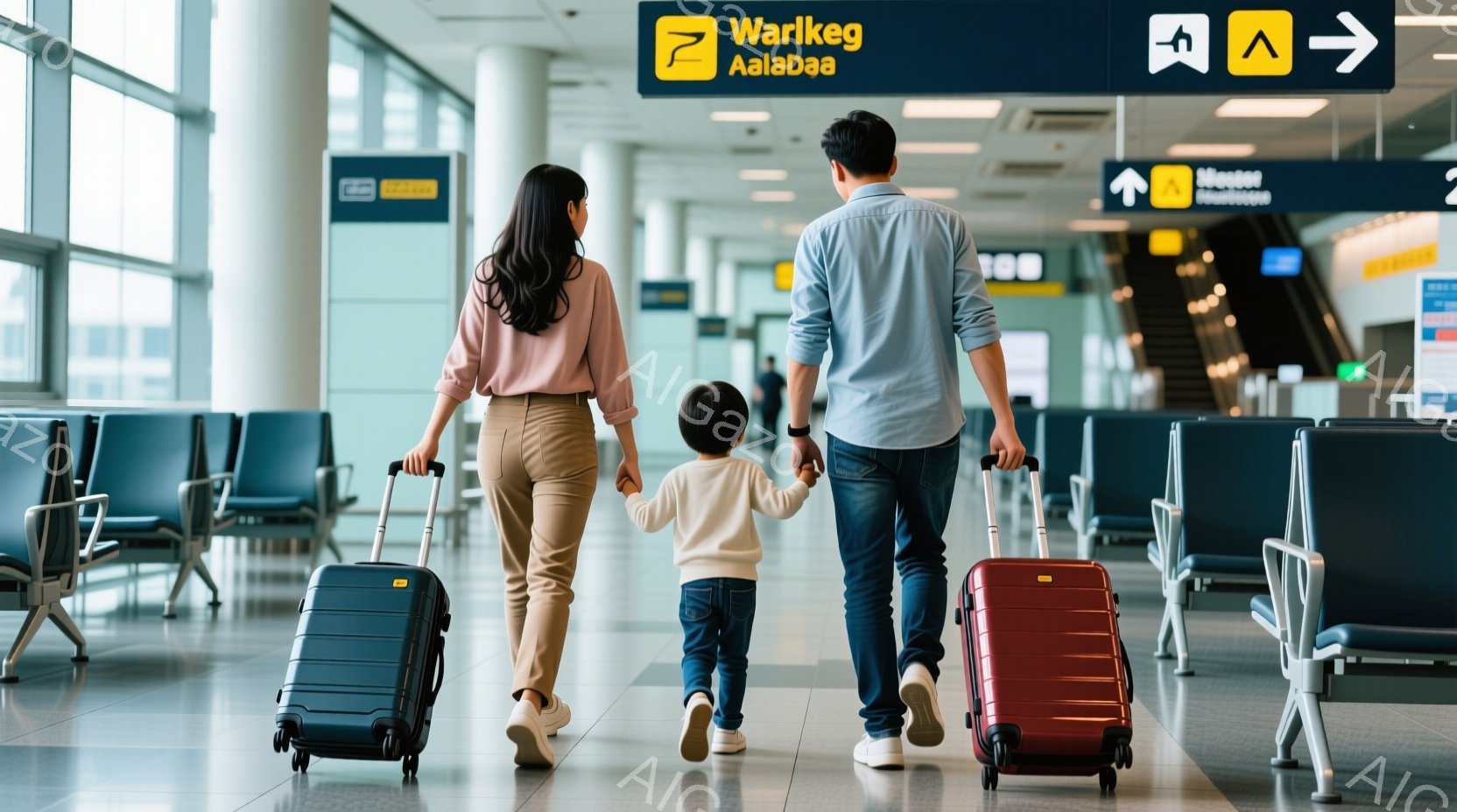 一家三人が空港の待合室を歩いている様子が写っている。母親はピンクのシャツとジーンズ姿で、父親は青いシャツとジーンズを着用し、子供は濃い色の上下と白いスニーカーを履いている。彼らは全員手荷物を引きずり、 - AI生成フリー素材