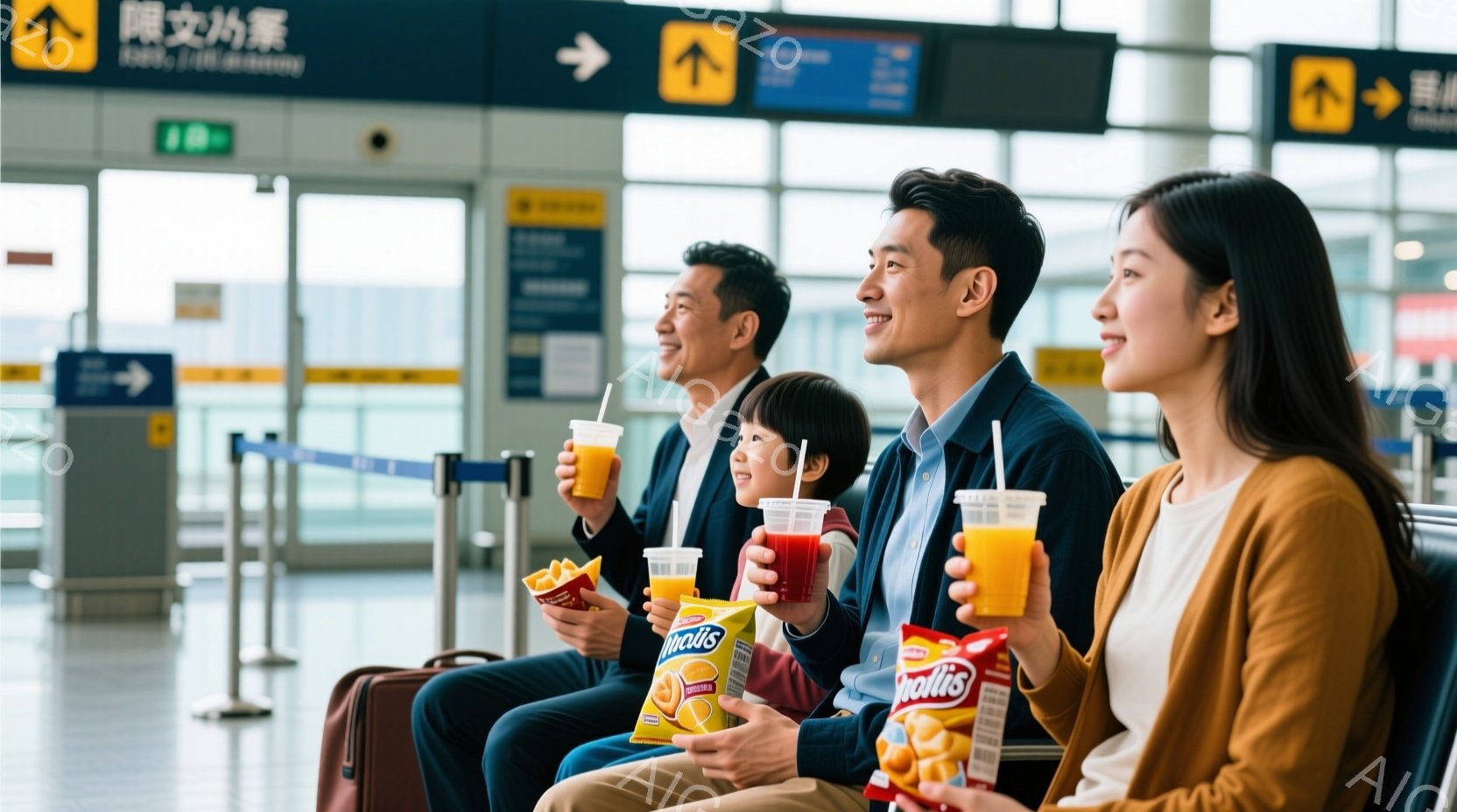 家族連れが空港の待合室で座って飲み物とスナックを楽しんでいます。母親はオレンジ色のセーターを着て笑顔を見せ、父親は紺色のシャツを着ています。子供たちはジュースを片手に、スナック菓子を手に持っています。 - AI生成フリー素材