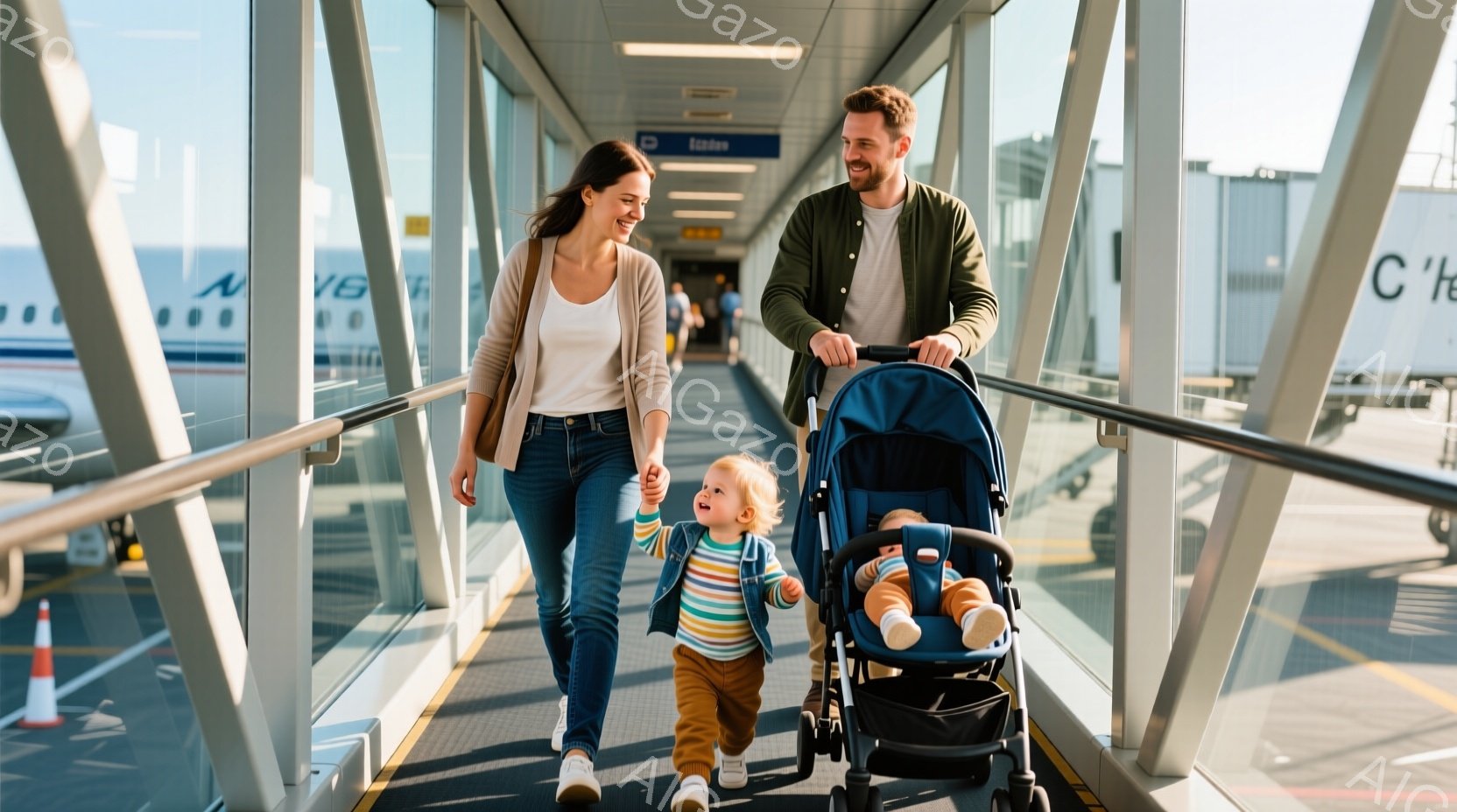 空港の連絡通路を歩く若い夫婦と幼い子供が写っています。女性はジーンズと白いセーターを着ており、髪は後ろで結ばれています。男性はカジュアルなシャツを着ており、幼い子供は通路を駆け寄り、ベビーカーに乗ったもう一人の幼い子供がいます。