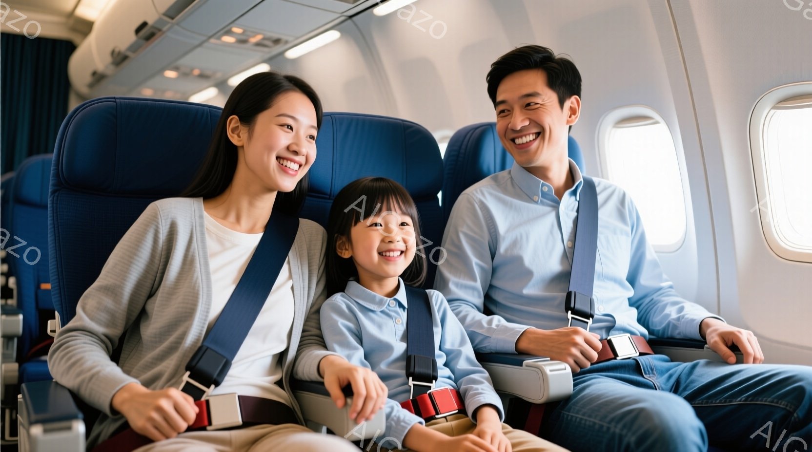 飛行機内に座っている家族が写っています。母親はベージュ色のセーターを着ており、父親と娘はそれぞれ薄い青色のシャツを着ています。皆、シートベルトを締め、笑顔でカメラに向かっており、幸せでリラックスした雰囲気が漂っています。