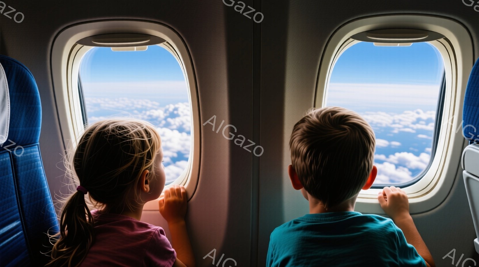 幼い少女と少年が飛行機の窓から雲海を見下ろしている。少女はピンク色のシャツを着ており、髪はポニーテールに結ばれている。少年は水色のシャツを着ており、二人は雲の上からの景色に夢中になっている様子で、穏やかで平和な雰囲気が漂っている。