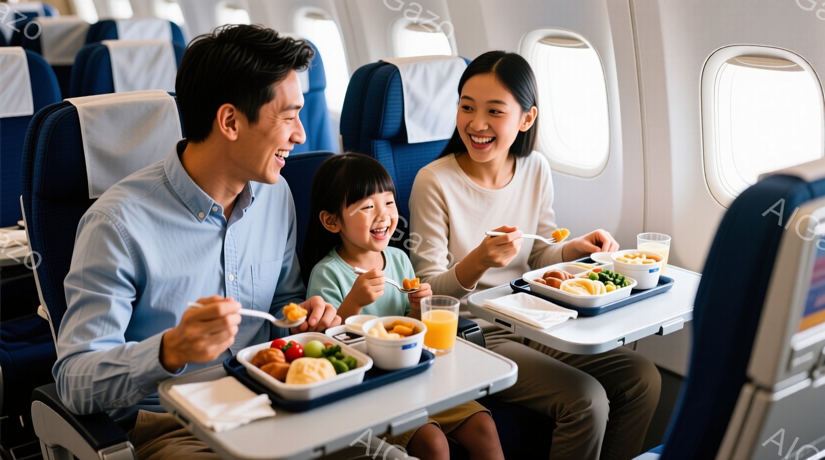 飛行機の中で、若い夫婦とその幼い娘が食事を楽しんでいます。父親はブルーのシャツ、母親はベージュのニット、娘はピンクのワンピースを着ており、皆笑顔で活気に満ちています。背景には飛行機の座席が見え、窓から - AI生成フリー素材
