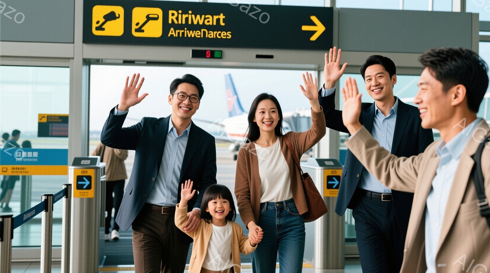 家族連れが空港の到着ゲートを通過しており、皆笑顔で手を振っています。父親は紺色のジャケットとズボン、母親はジーンズと白いTシャツ、そして幼い女の子は黄色のカーディガンを着ています。背景には到着を示すサインとゲート、そして明るい照明があり、全体的に温かく幸せな雰囲気が漂っています。