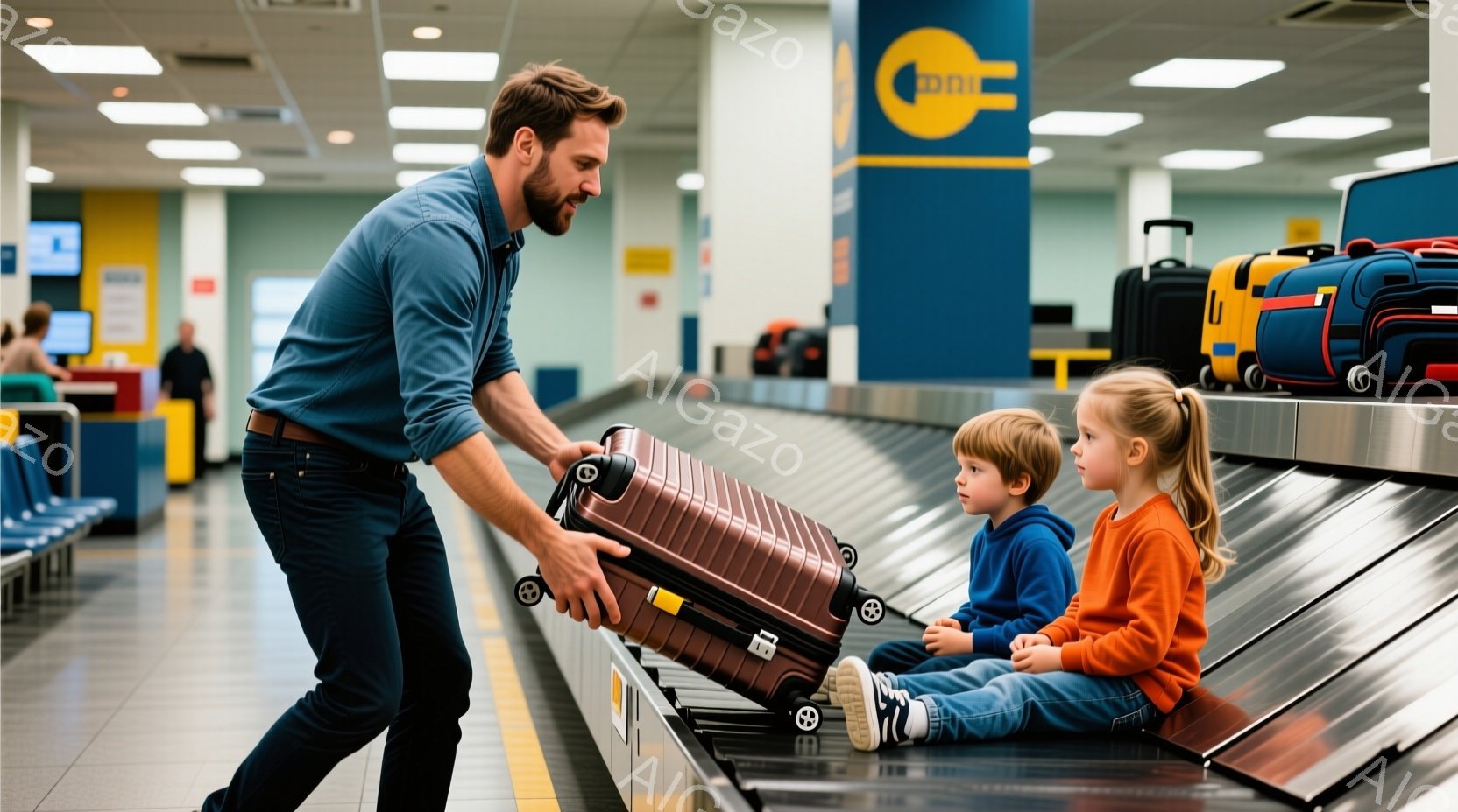 男は、濃い茶色のスーツケースを手前に引き寄せようとしています。彼は濃い髪で口ひげを生やしており、カジュアルなシャツとジーンズを着ています。背景には手荷物受取所があり、子供たちがベルトコンベヤーの横に座って彼を見ています。