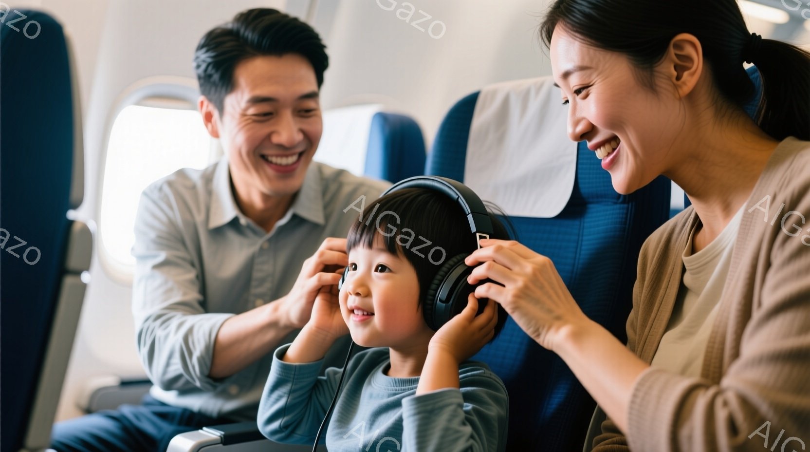 少年はヘッドホンを装着しようとしており、母親が彼を手伝っています。父親は嬉しそうに微笑んで見守っています。背景は飛行機の客室で、青いシートと窓が見え、温かく幸せな家族の雰囲気が伝わってきます。