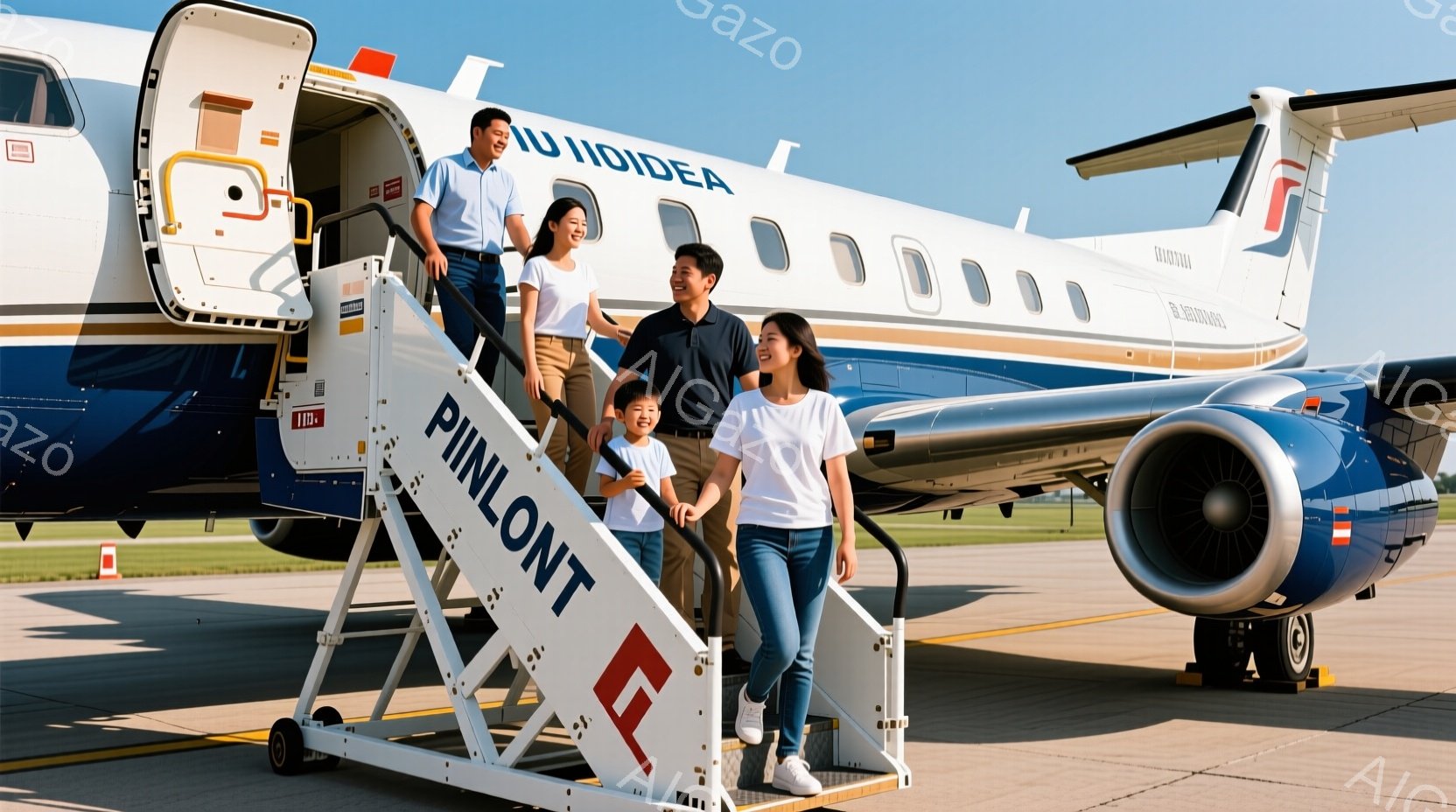 白と青を基調とした小型ジェット機から降りる家族が写っています。母親は白いTシャツとジーンズ、父親と息子はそれぞれカジュアルな服装で、娘は白いワンピースを着ています。背景には滑走路と晴れた空が広がり、家族はリラックスした雰囲気で旅行を楽しんでいるようです。