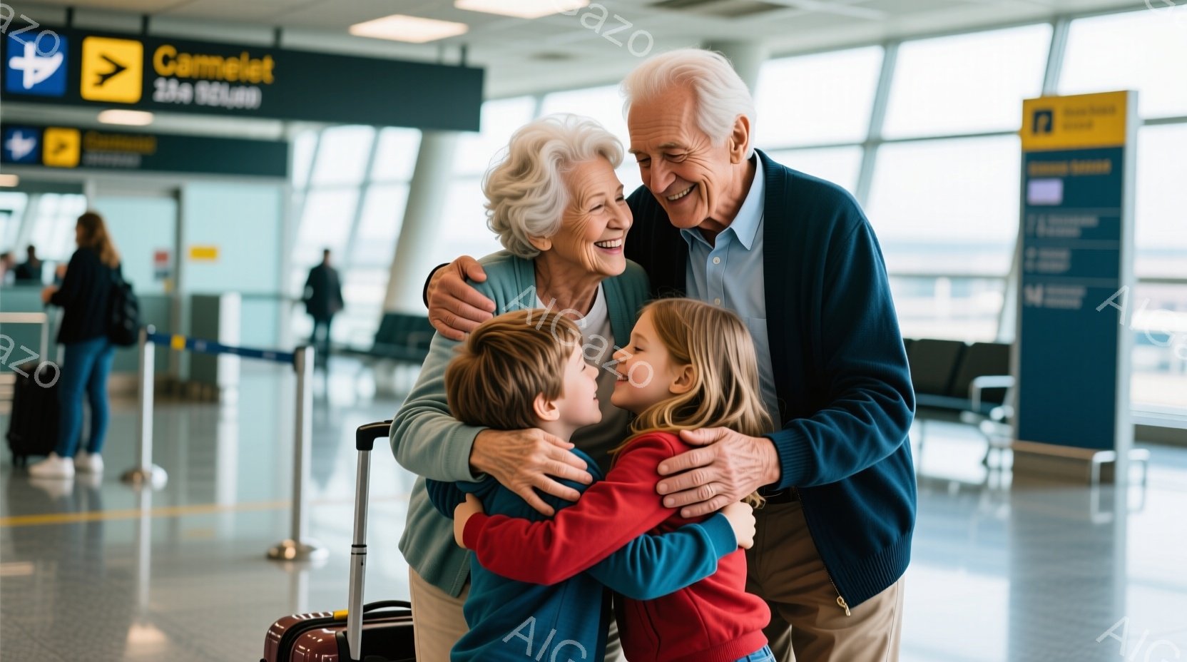 白髪の祖父母が、赤いセーターを着た少女と青いジャケットを着た少年を抱きしめ、喜んでいる様子が写っている。背景には空港内の吹き抜け空間があり、案内表示や人々が見える。温かく幸せな再会の雰囲気が伝わってくる。