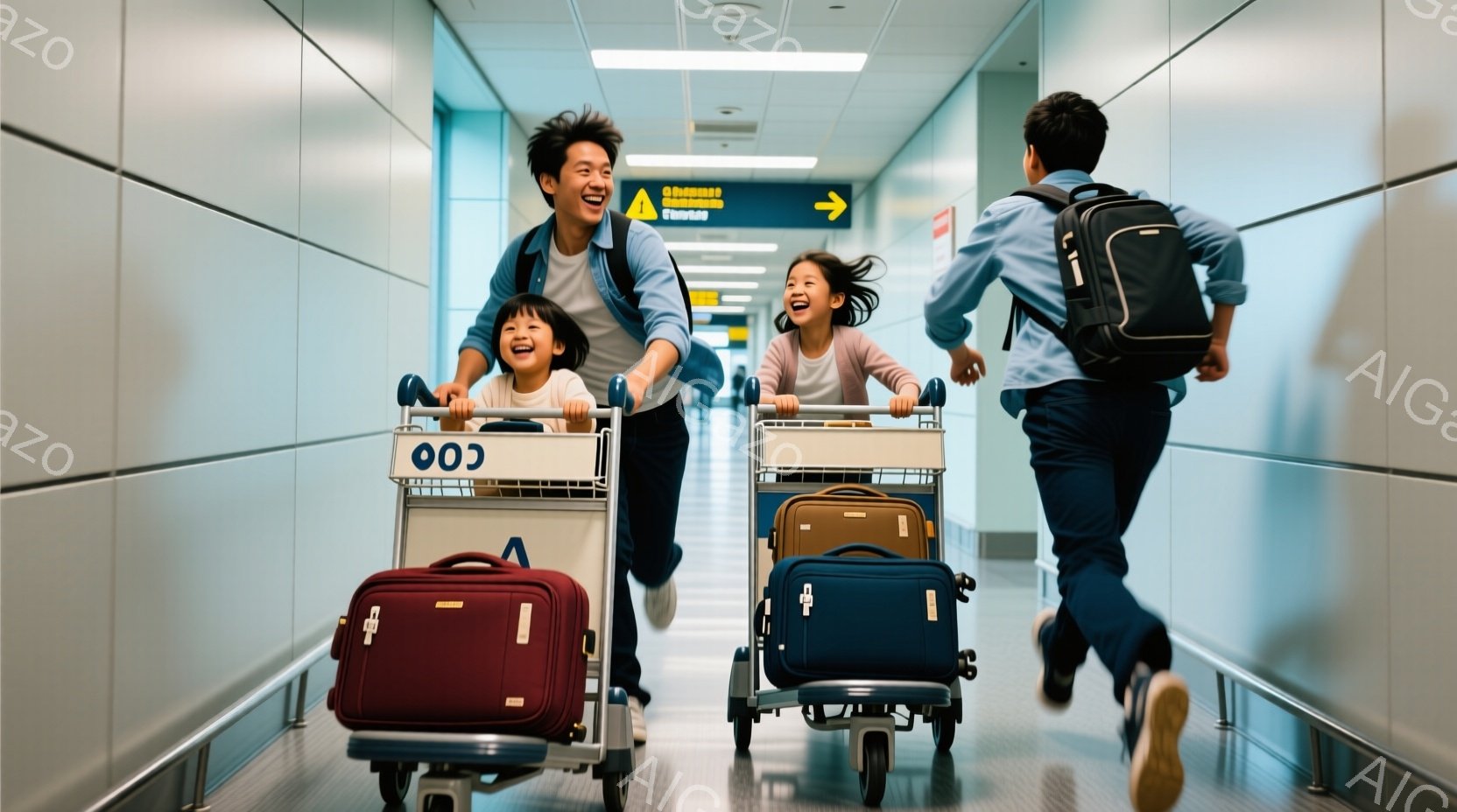空港の廊下を、大きな手荷物カートを押す幼い姉妹と、その後ろを走る父親が写っている。姉妹は明るい色の服を着ており、笑顔でカートを押している。背景は無機質な廊下で、案内表示が見える。