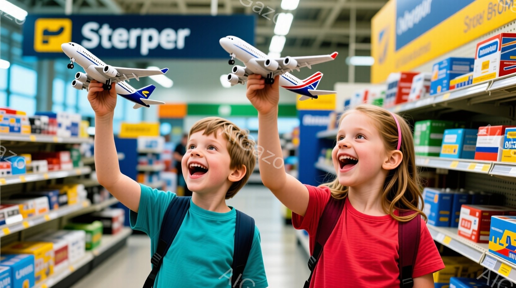 少年と少女が、おもちゃの飛行機を高く掲げて笑顔で喜びを表現しています。少年は青いTシャツとリュックサックを着ており、短髪です。少女は赤いTシャツを着て、髪をポニーテールにしています。背景には、商品が並 - AI生成フリー素材