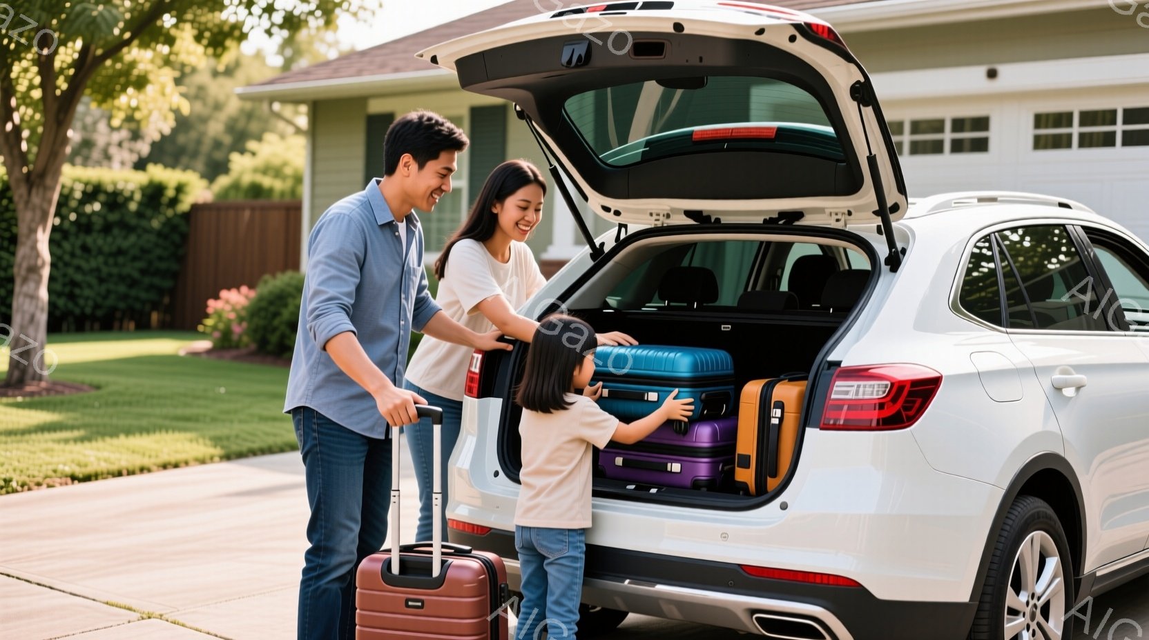 白いSUV車のトランクに荷物を積み込んでいる家族が写っています。父親は青いシャツを着てキャリーケースを引き、母親と娘はトランクの中へカラフルなキャリーケースを運び込んでいます。背景には木々や家が見え、晴れた日の旅行の準備をする、明るく幸せな雰囲気が漂っています。