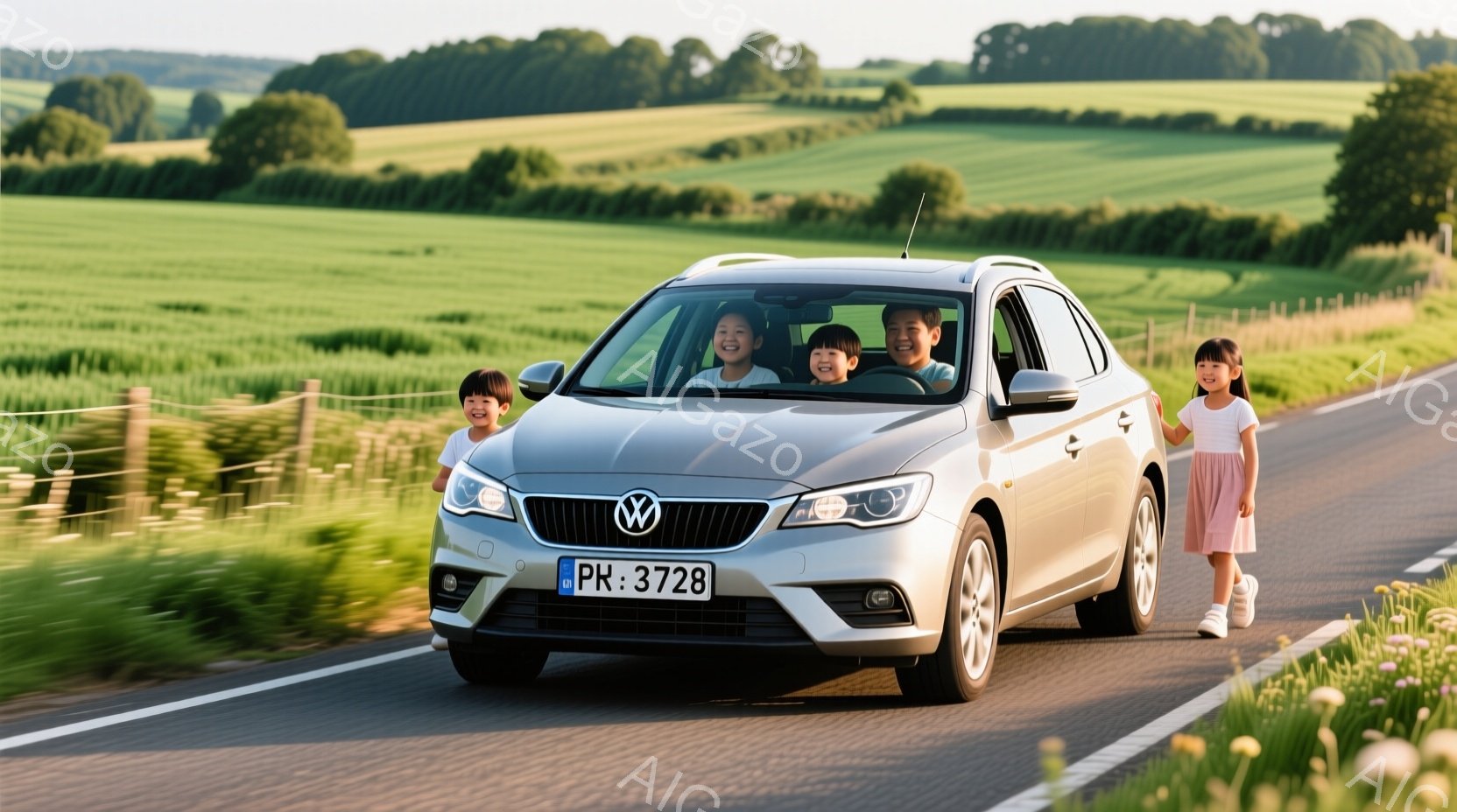 白いフェンスに囲まれた緑豊かな田園風景を背景に、銀色のフォルクスワーゲン車が走行している。車内には笑顔の子供たちが乗り込んでおり、一番外側の女の子は車から少し身を乗り出し、楽しそうに手を振っている。晴れた日の穏やかな雰囲気で、家族旅行の幸せな瞬間を切り取った写真である。