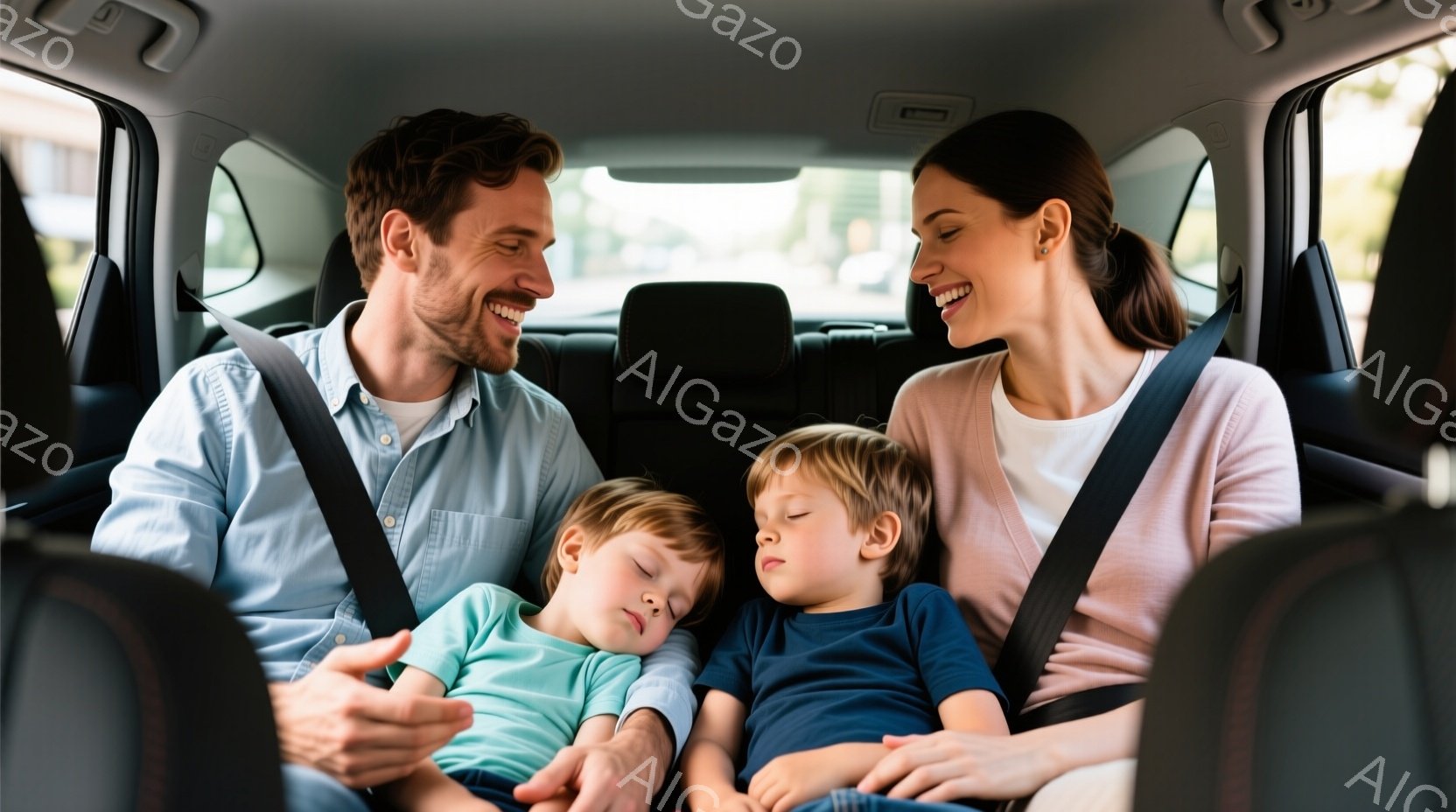 車内で眠っている二人の幼い男の子と、それを見守る笑顔の夫婦が写っています。夫は明るい青色のシャツを着ており、妻は薄いピンク色のセーターを着ています。車内は明るく、背景には緑が見え、穏やかで温かい家族の雰囲気が漂っています。