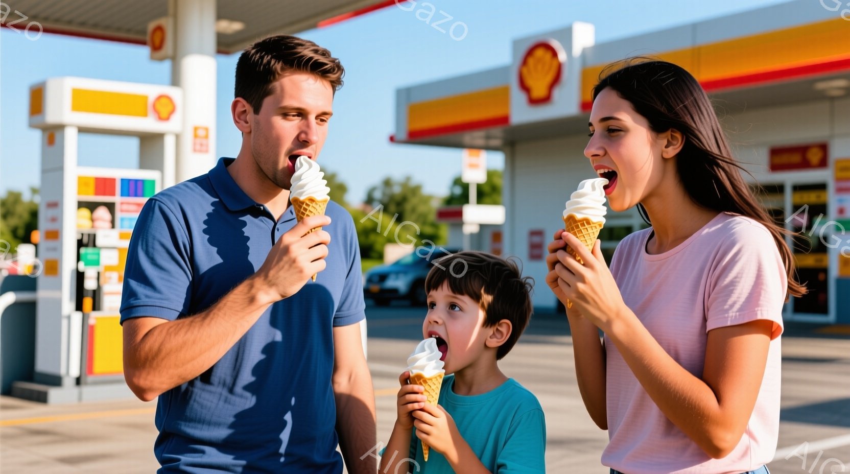 夏の日本で撮られたと思われる。中央にいる2人の男女は、お店の前に立ってお冷やかなファストフードを楽しんでいます。その周りには、若い子供がもう1つの軽食を持っているように見えます。ガソリンスタンドの壁には「シェル」と書かれたロゴがあり、青天白雲の晴れた日であることがわかります。