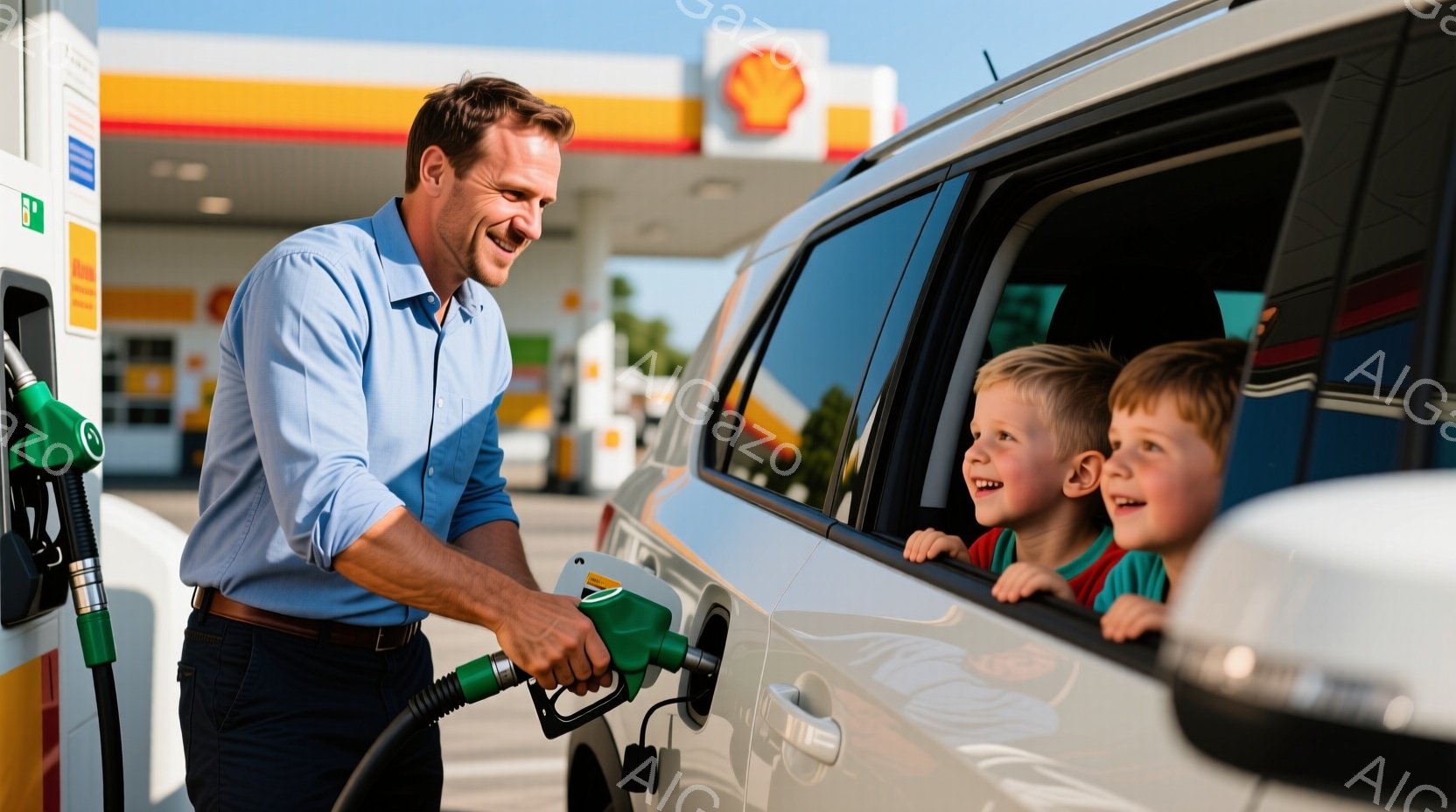 白いバンに男性がガソリンを入れています。男性は明るい青いシャツと濃い色のズボンを着用し、笑顔でガソリンノズルを持っています。バンの中では、二人の少年が窓から顔を出して楽しそうに笑っており、背景には日当たりの良いガソリンスタンドと青い空が見えます。
