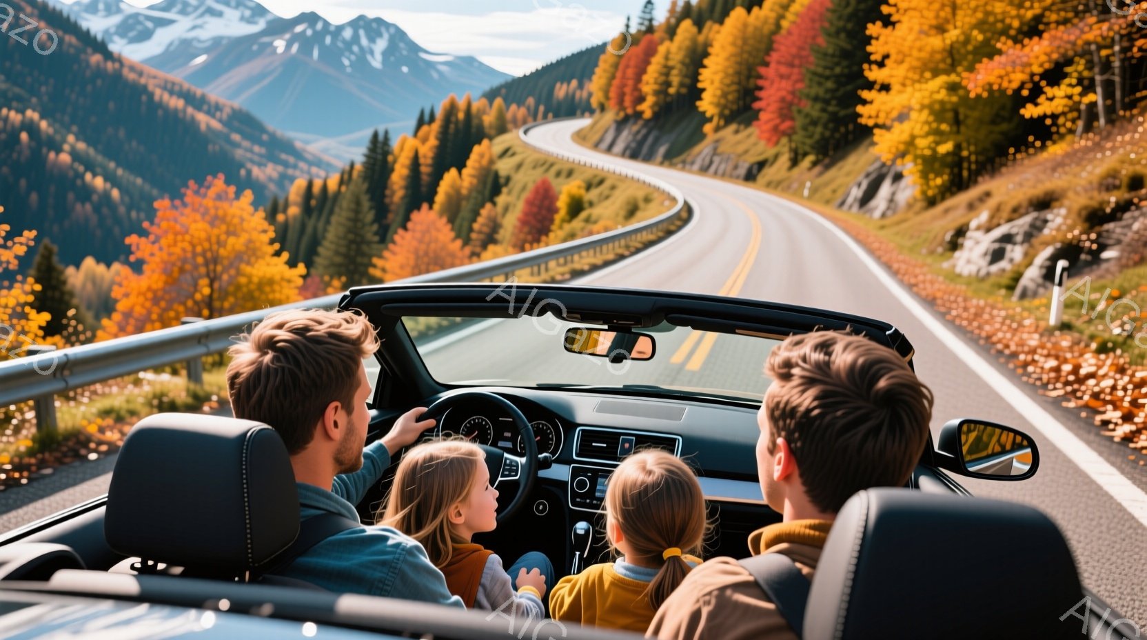 家族が山間の道路でドライブするときの喜びと安心を表す画像で、車乗りは優美な姿勢で運転しています。家族は車内で親愛に満ちた笑顔で見つめる。背景は山々と秋の色を彩り、大きな自然の美しさが感じられます。