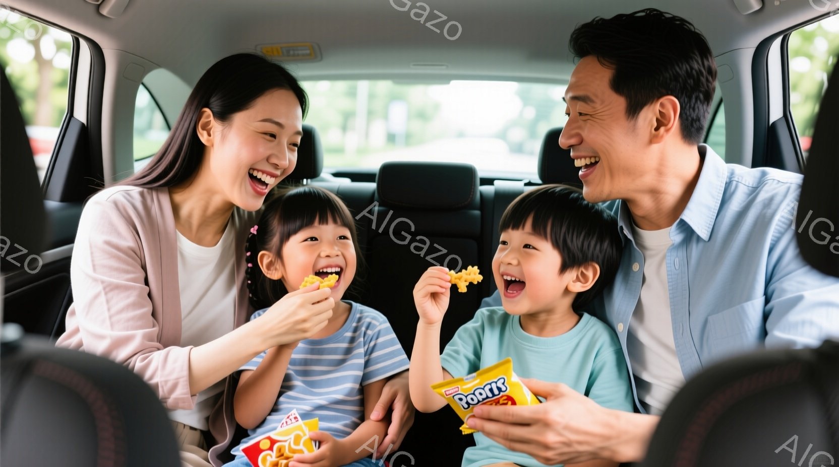 車内で家族が楽しそうにスナックを食べている様子が写っている。母親は明るいオレンジ色の服を着て、笑顔で子供たちを見守り、子供たちはそれぞれ黄色いパッケージのスナックを手に持ち、満面の笑みを浮かべている。背景は緑豊かな木々が見える屋外で、晴天の下、家族の温かい雰囲気が伝わってくる。