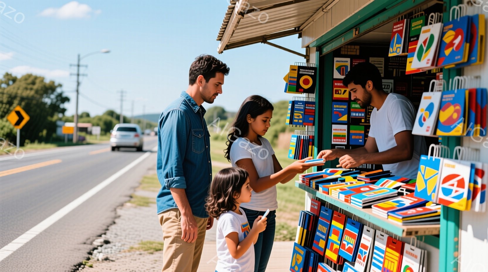 家族が停車した道路沿いの小店で、商品を確認する。男性と女性、そして子どもたち。日陰になるような天気下で、カードや手紙、雑貨が豊富に並んでいる。家族は散歩中のようなリラックスされた雰囲気で店を見つめている。