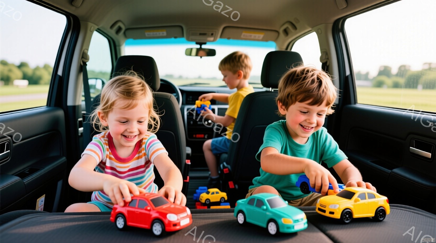 車の中で、金髪の幼い女の子と男の子が、おもちゃの車で遊んでいます。女の子はピンク色のTシャツを着て笑顔で赤い車を、男の子は黄色いTシャツを着て、黄色い車を手にしています。背景には緑豊かな風景が見え、晴れた日の家族旅行の様子が伝わってきます。