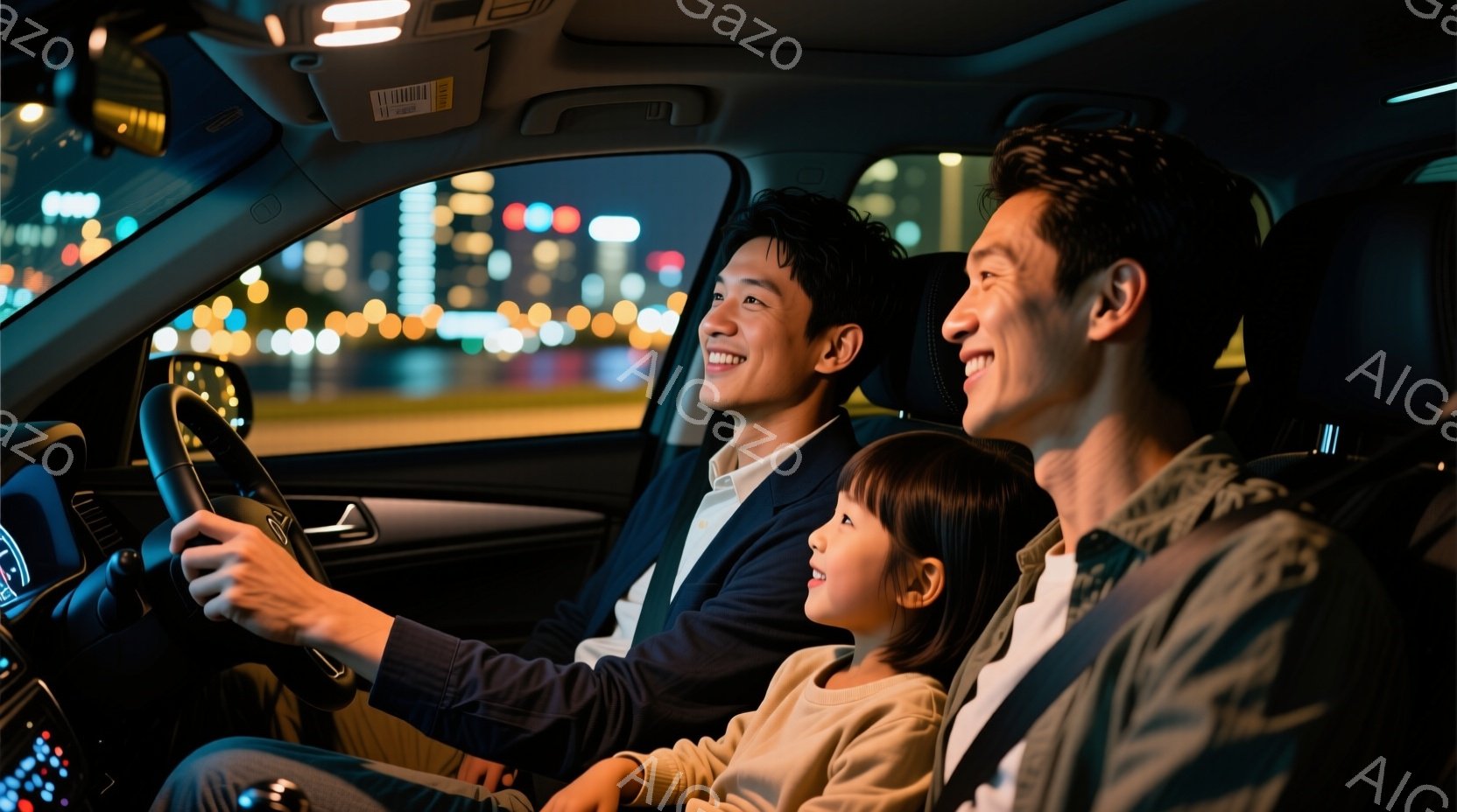 ネイビーカーに乗った男性と少女が写っている。男性はスーツジャケットを羽織り、笑顔でハンドルを握って運転している。少女はベージュのセーターを着ており、同じく笑顔で外を眺めている。