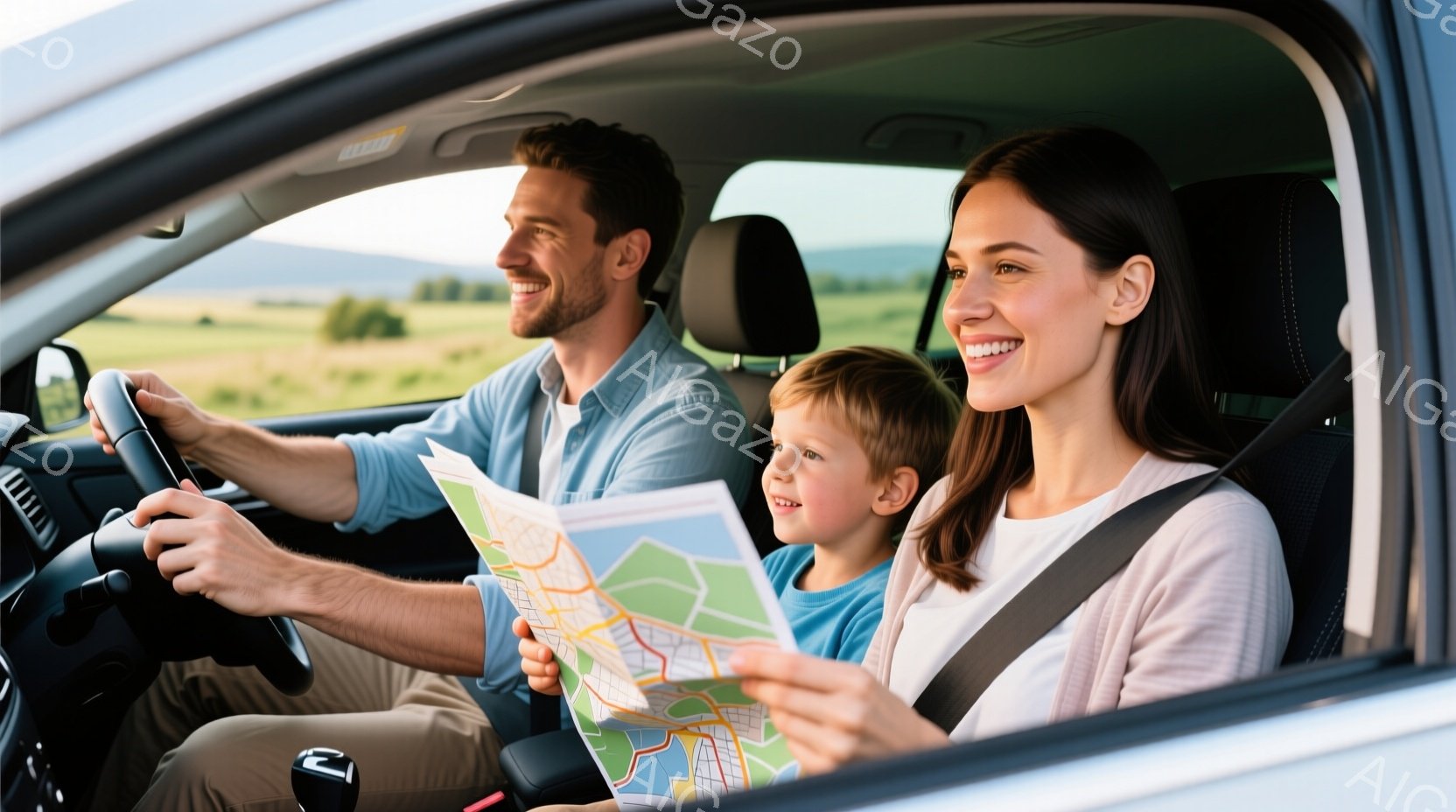 車内で運転する男性と、地図を見ている少年と女性が写っています。男性はベージュ色のズボンに青いシャツを着ており、笑顔でハンドルを握っています。少年と女性はシートベルトを締め、地図に興味津々で楽しそうな表情をしています。