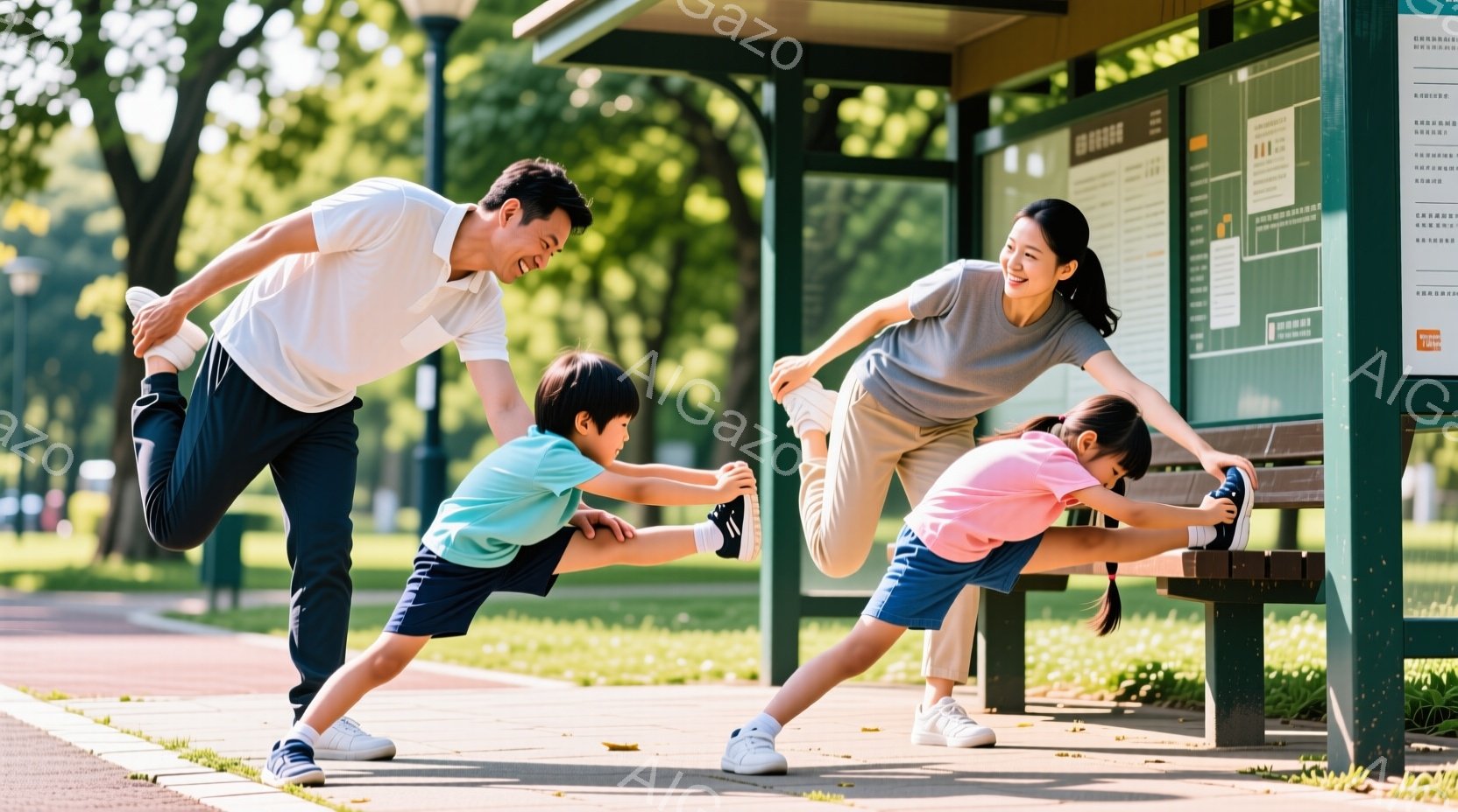 晴れた日に、公園の遊歩道でストレッチをしている家族の姿が捉えられています。父親は白いTシャツと黒いズボン、母親はグレーのTシャツと紺色のズボン、息子と娘はそれぞれ緑とピンクのTシャツに紺色のズボンを着用しており、皆リラックスした表情で体を伸ばしています。背景には緑豊かな木々が見え、温かく穏やかな雰囲気が漂っています。