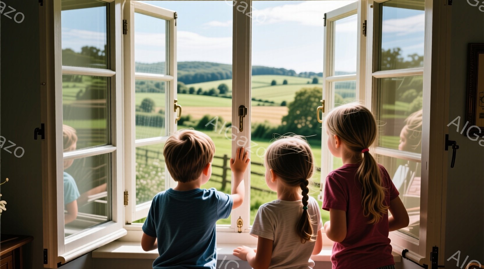 白い窓枠から緑豊かな風景を眺める3人の子供たちが写っている。一番左の子供は白いTシャツを着ており、真ん中の男の子は青いTシャツを着て、手を窓枠につけている。右の女の子はピンク色のシャツを着ており、全員が少し前かがみの姿勢で外の景色を見ている様子から、好奇心と喜びが感じられる。