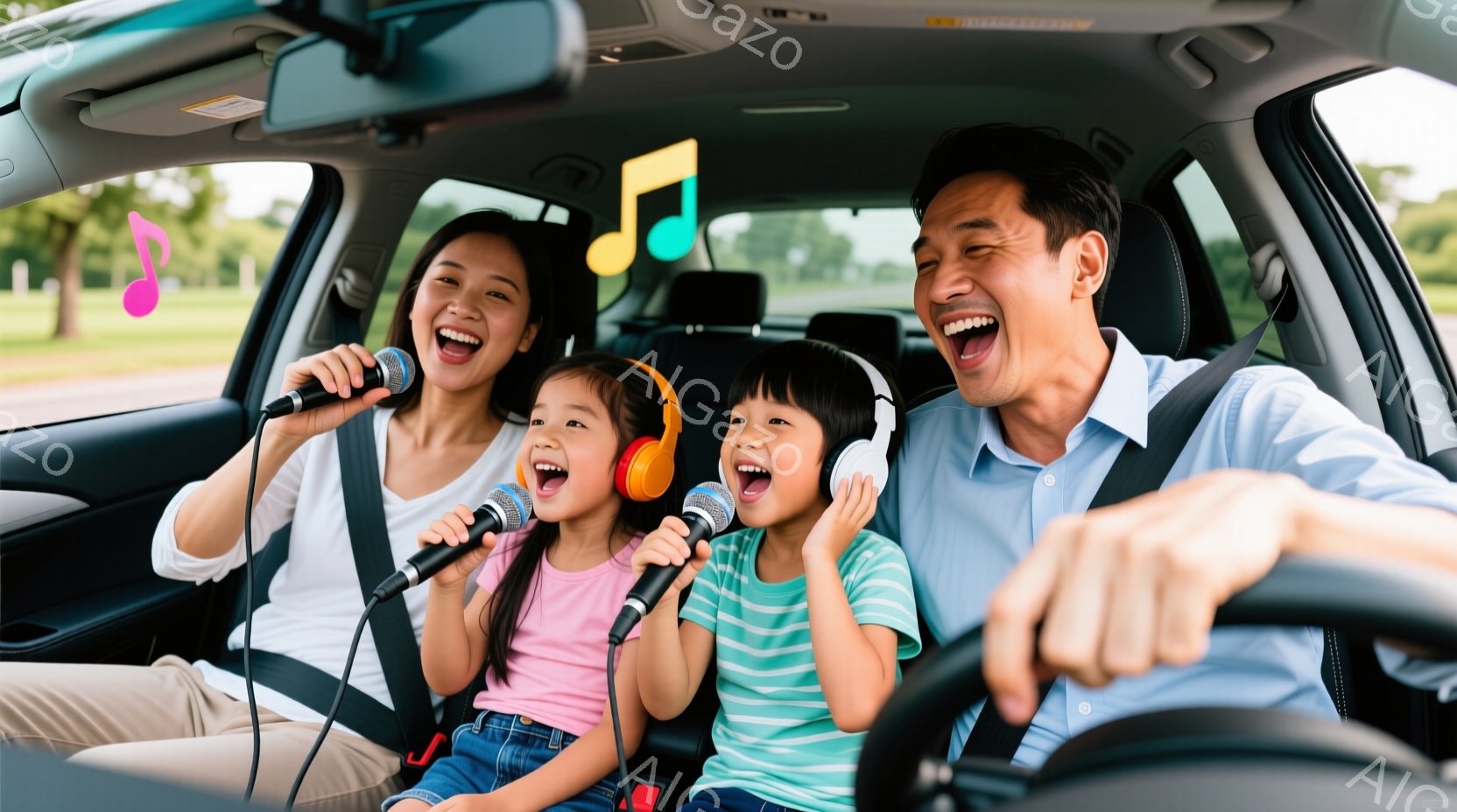 家族は車内でカラオケを楽しんでいる様子が写っています。母親はベージュのシャツを着て、2人の子供たちはそれぞれピンクと緑のシャツを着て、ヘッドホンをつけ、マイクを持って歌っています。背景には緑豊かな自然が広がり、晴れた日の家族の幸せな雰囲気が伝わってきます。