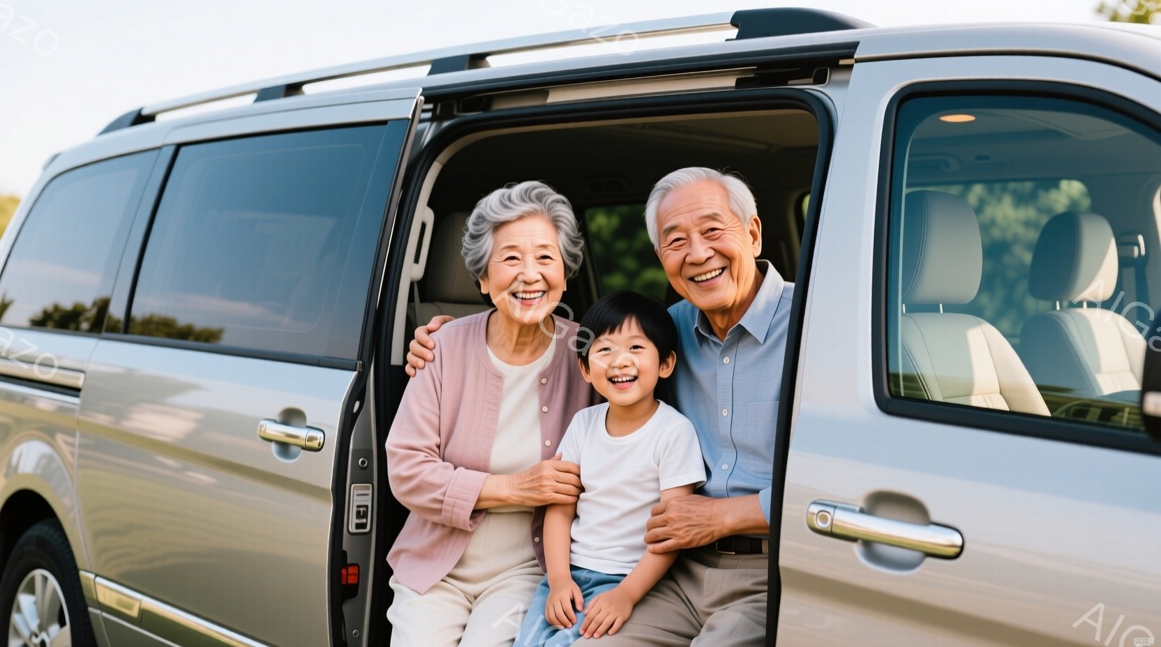 白髪の祖母と祖父と少年が、銀色のバン車の開いたドアの前で寄り添って座っています。祖母は薄いピンクのカーディガンとグレーのズボンを着用し、祖父は水色のシャツを着ています。少年は白いTシャツとジーンズを履き、皆笑顔で、温かく幸せな雰囲気が漂っています。