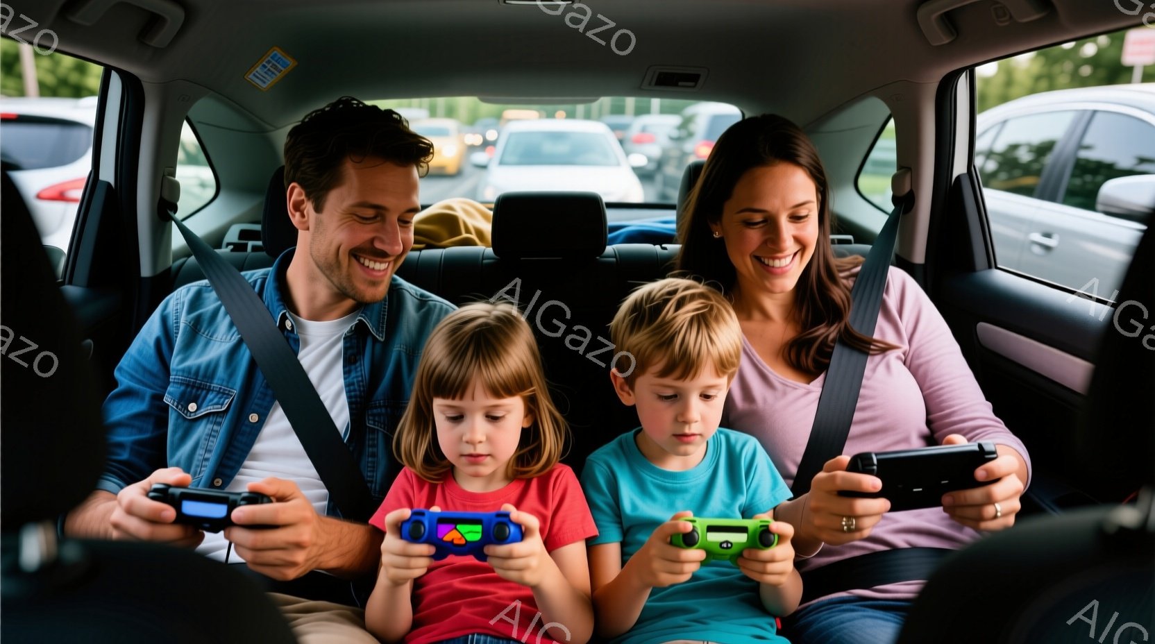 運転席の後ろに、笑顔の父親、母親、そして2人の子供が座っています。父親と子供たちはゲーム機でゲームをしており、母親はスマートフォンを見ています。背景には、緑豊かな木々と他の車が見え、晴れた日の家族旅行の様子が伝わってきます。