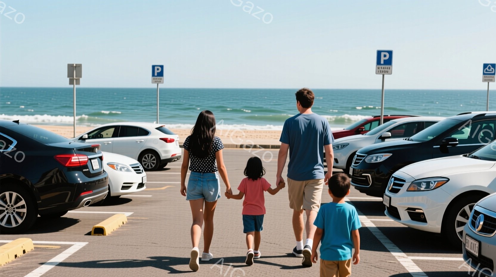 駐車場で、母親と父親が幼い娘と息子と手をつないで歩いている様子が写っている。母親は短いショートパンツとタンクトップを着ており、娘も同じような服装で、父親は青いTシャツを着ている。背景には青い海と空、そして様々な色の車が並び、晴れた日の穏やかな家族の散歩の雰囲気が伝わってくる。