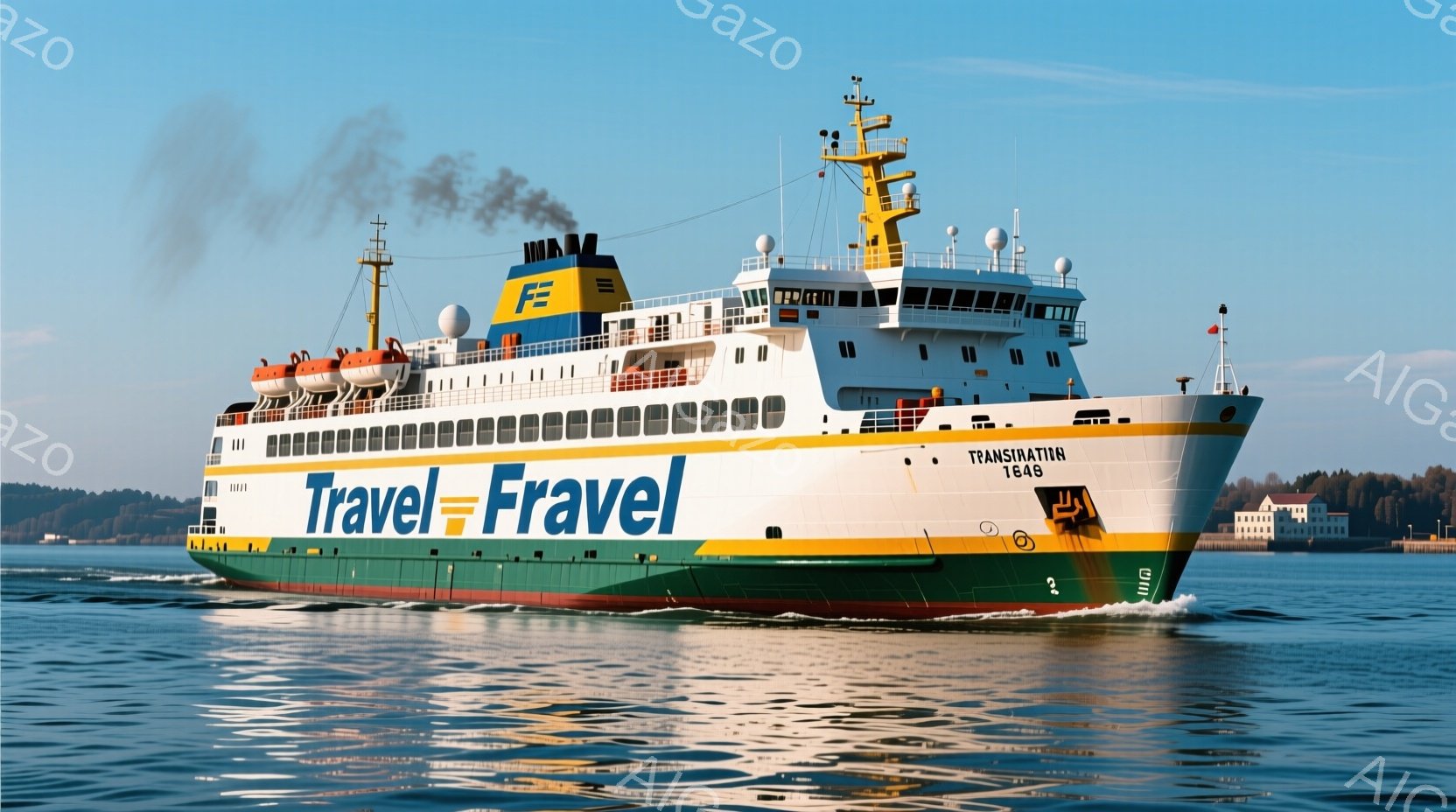 緑、黄色、白を基調とした大型フェリー船が、穏やかな海面を航行している様子が描かれている。船首には「TRAVEL」の文字が大きく描かれ、船体には「TRANSATLANTICA」と船名、船籍番号が表示されている。背景には緑豊かな沿岸部の風景と、晴天の空が広がり、穏やかで平和な雰囲気が漂っている。