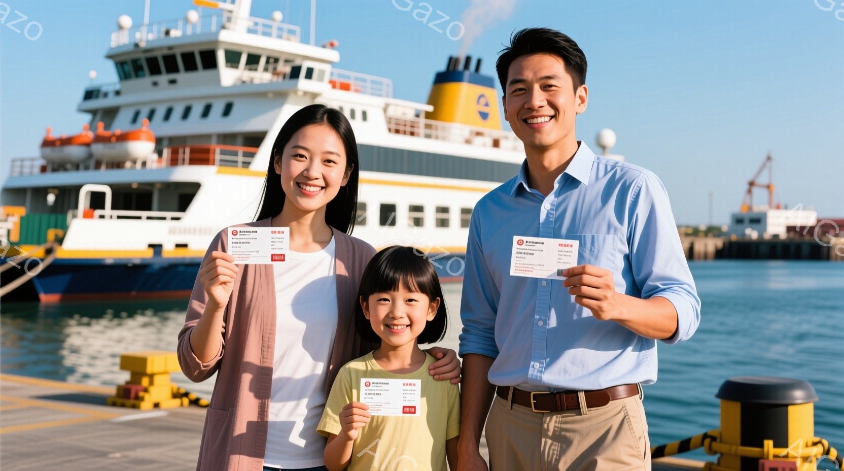 桟橋で笑顔の家族が写っている。母親はベージュのジャケット、娘は白いTシャツ、父親は水色のシャツとベージュのズボンを着用し、それぞれ手に赤いカードを持っている。背景には青い海と大きな白い船が見え、晴天で穏やかな雰囲気が漂っている。