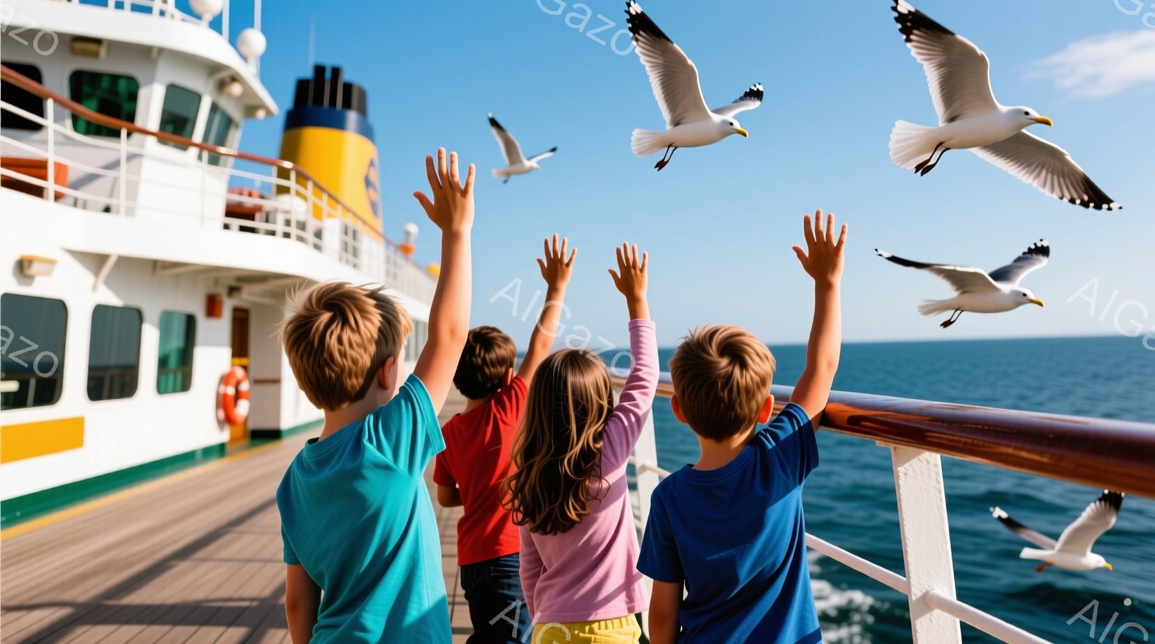船のデッキに立つ子供たちが、空を飛ぶカモメに向かって手を伸ばしています。子供たちはそれぞれ明るい色のTシャツとズボンまたはスカートを着用しており、髪型は短髪から長髪まで様々です。背景には青い海と空が広がり、天候は晴れで、全体的に活気に満ちた楽しい雰囲気です。