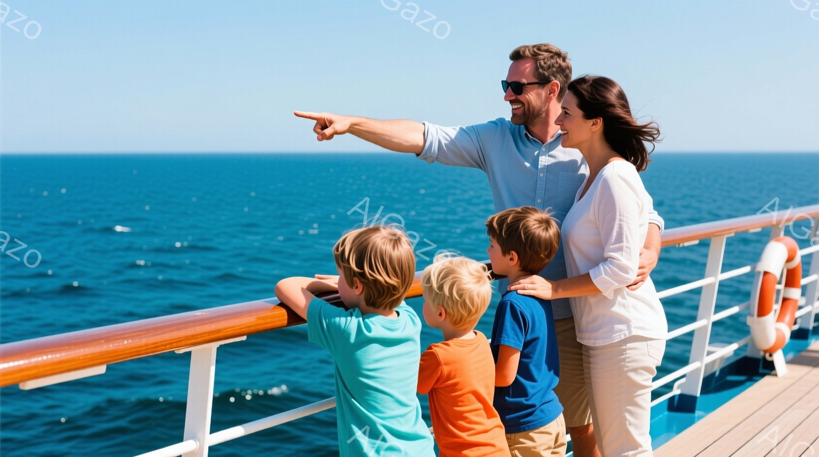 家族が船のデッキで海を眺めている。父親は青いシャツを着ており、息子たちを指して何かを説明しているようだ。母親は白いシャツを着ており、息子たちに寄り添い、穏やかな表情をしている。