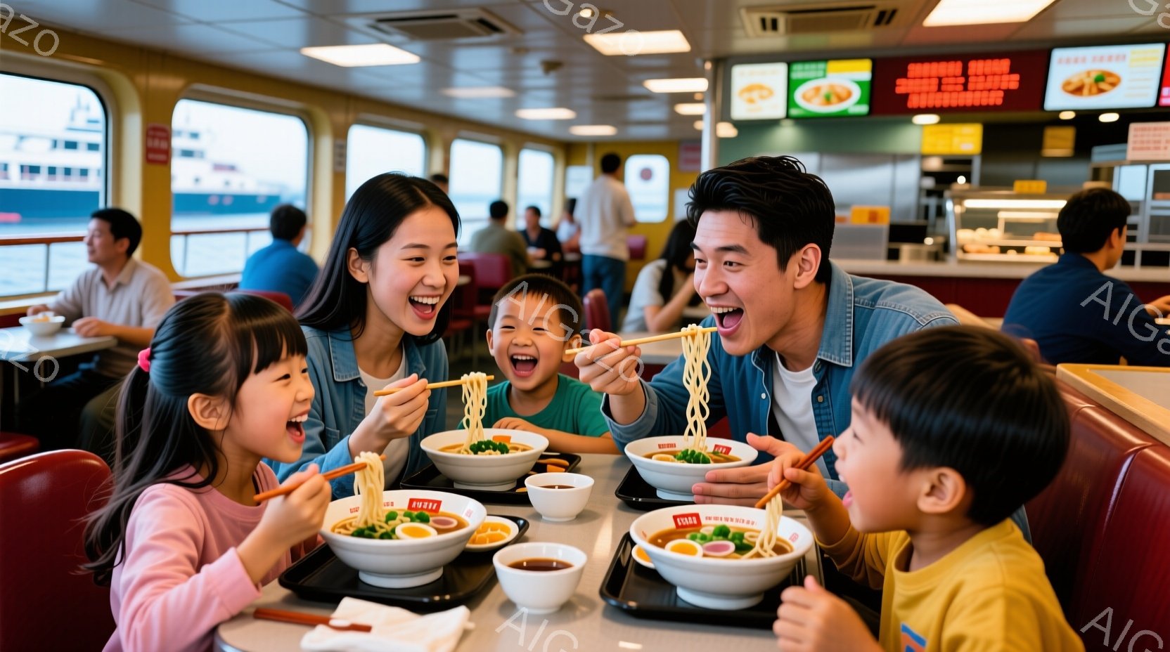 家族四人が船内でラーメンを楽しんでいる様子が写っている。母親はピンクのセーター、父親は青いシャツ、二人の子供はそれぞれ赤いシャツと青いシャツを着ており、皆笑顔で箸を使ってラーメンをすすっている。船内は明るく、背景には海と建物が見え、温かい家族の雰囲気が伝わる。