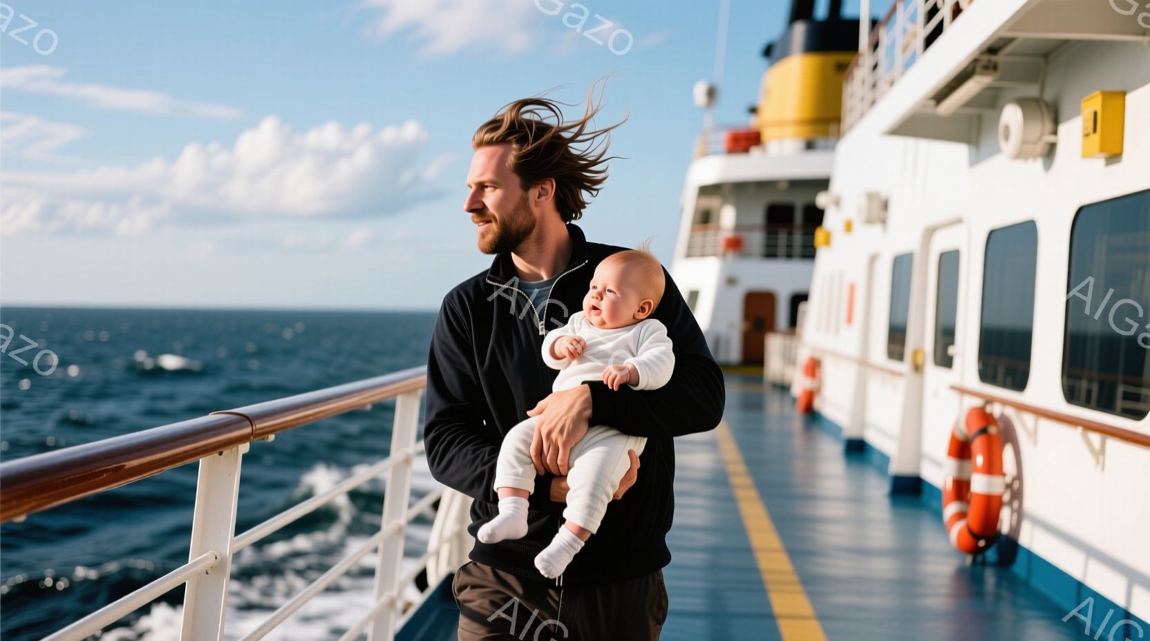 ひげを生やした男性が、デッキの上で赤ちゃんを抱きかかえて立っている。男性は黒の長袖シャツとズボンを身に着け、赤ちゃんは白いロンパースと靴下を履いている。背景には青い海と白い船体が広がり、穏やかで温かい - AI生成フリー素材