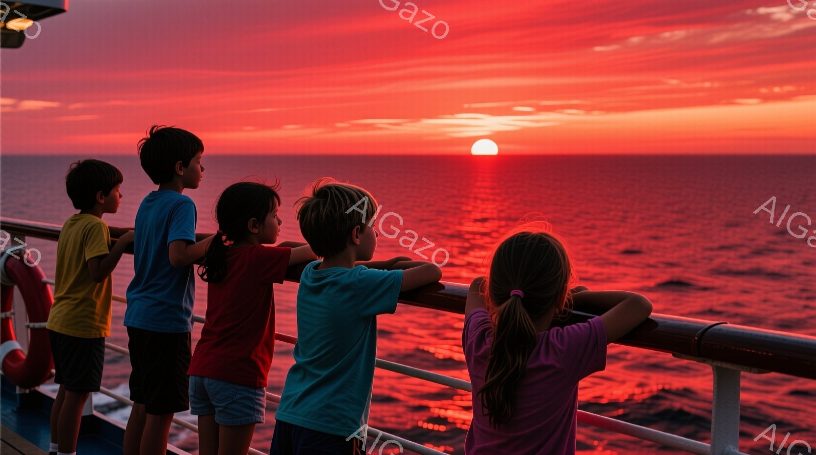 4人の子供たちが船の柵にもたれかかり、夕焼けの海を眺めている。彼らはそれぞれ黄色、赤、水色、ピンクのTシャツを着ており、髪型は短髪からポニーテールまで様々である。背景には燃えるような夕焼けと、その光を反射する穏やかな海が広がり、子供たちのシルエットが印象的で、温かく穏やかな雰囲気が漂っている。