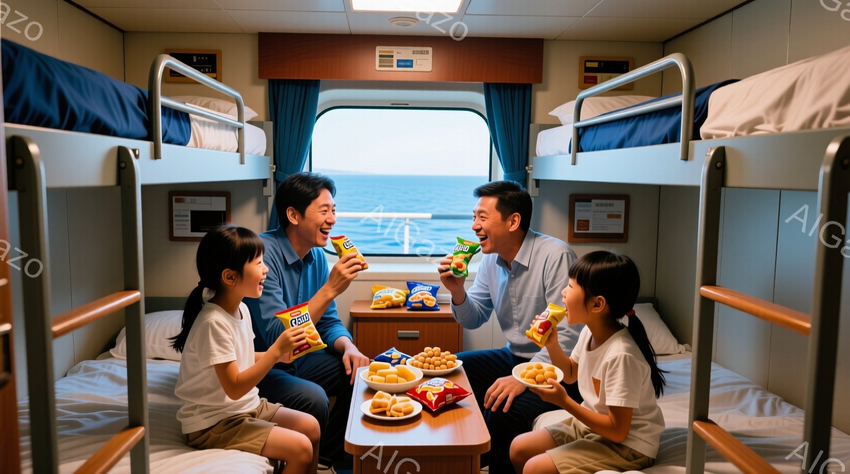 船室のキャビン内にいる家族が写っている。両親と二人の子供たちは、テーブルを囲んでスナック菓子を手に笑顔で楽しんでいる。背景には青い海と窓があり、キャビン内は明るく清潔で、家族旅行の温かい雰囲気が伝わってくる。