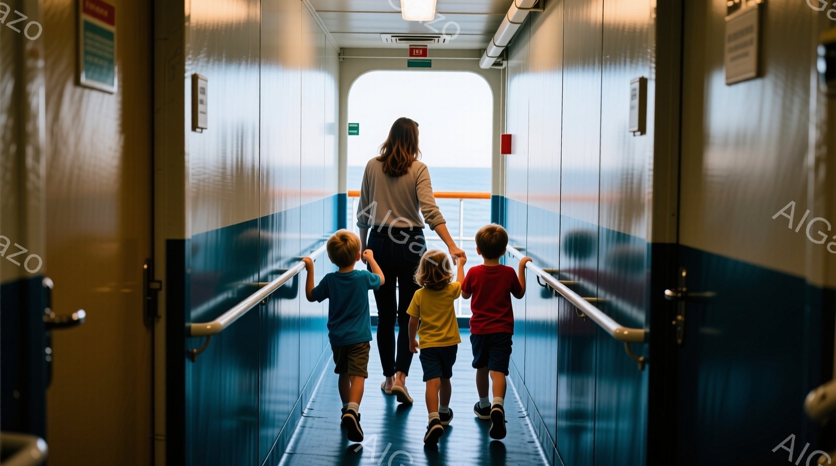 長い廊下を、母親が二人の幼い子供たちを連れて歩いている様子が写っている。母親はダークブラウンの髪で、子供たちはそれぞれ青と黄色のTシャツを着て、廊下の手すりに沿って歩いている。廊下の奥には海が見え、船内の静かで穏やかな雰囲気が漂っている。