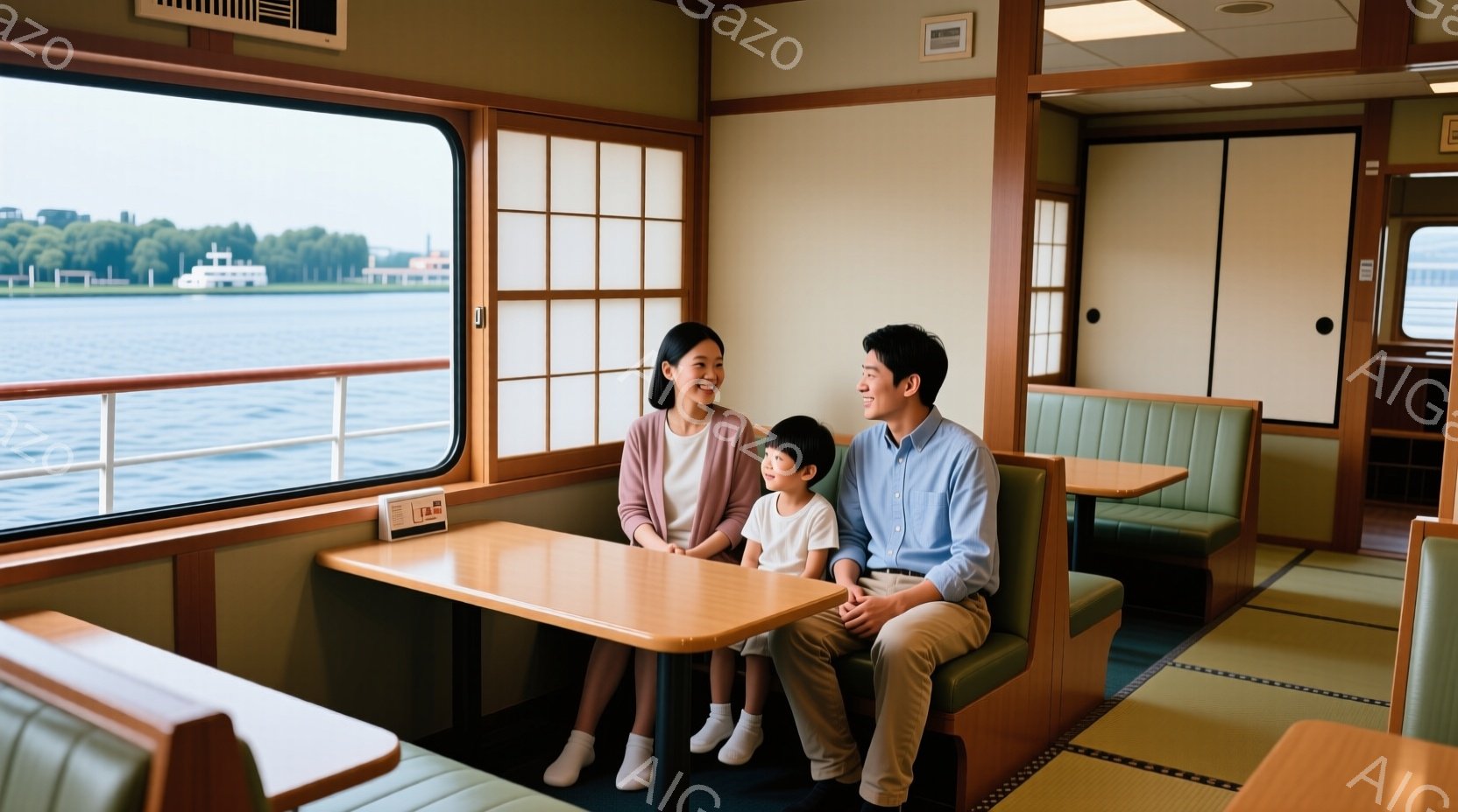 船内にいる若い夫婦と子供が写っています。妻はベージュ色のセーターを着ており、髪は肩まで伸びています。夫は水色のシャツとベージュ色のズボンを着用し、息子は白いTシャツと青いズボンを履いて、全員が穏やかな表情で座っています。