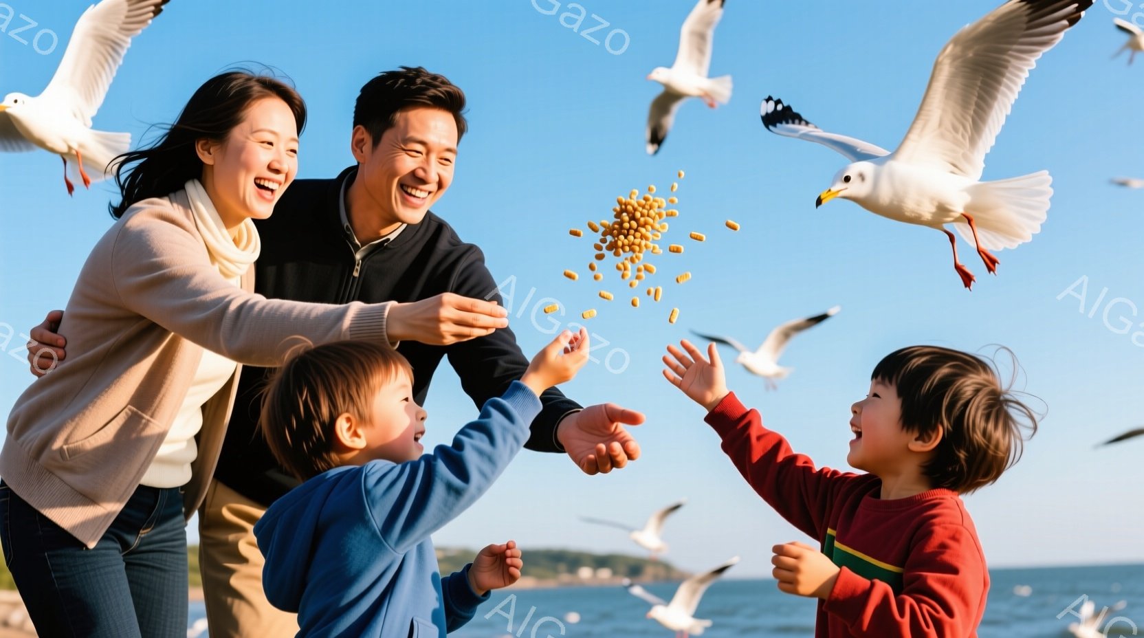 海辺で、母親と父親、二人の幼い息子たちが、セカモメに餌をあげています。母親はベージュのセーターとジーンズ姿で、髪を後ろに束ね、笑顔で息子を抱きしめています。父親と息子たちは、セカモメに向けて餌を投げ、 - AI生成フリー素材