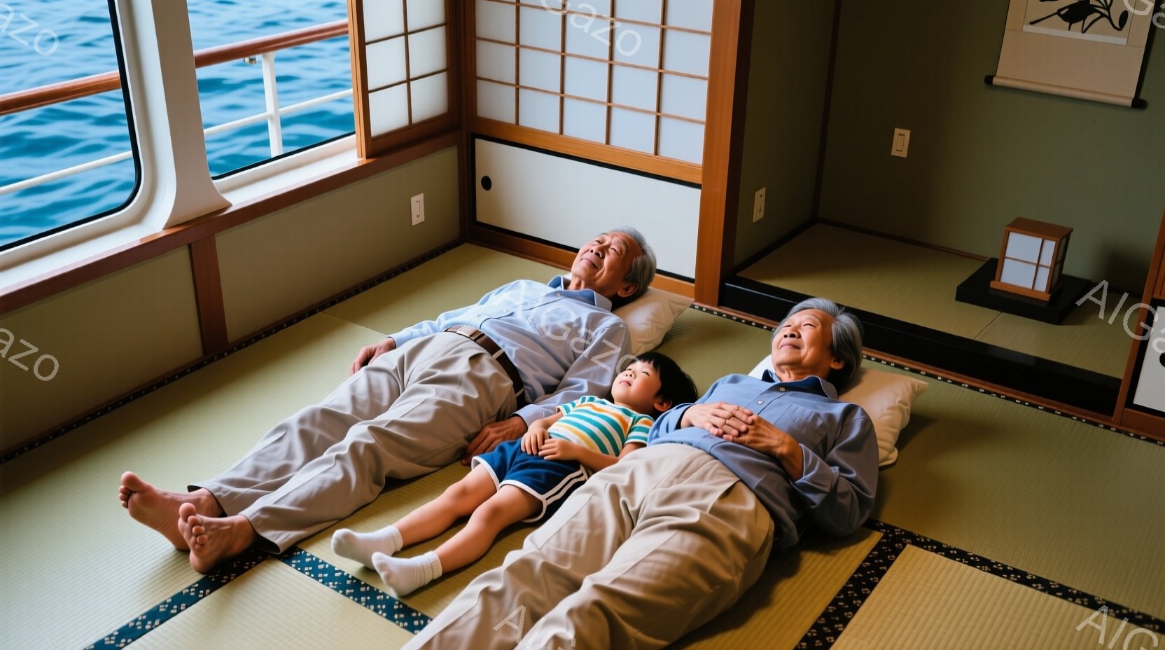 畳の上に、おじいさんと小さな男の子が並んで横たわっています。おじいさんは青いシャツにズボン、男の子は緑と黄色のストライプのシャツに短パン姿で、リラックスした表情をしています。背景には障子窓と穏やかな海が見え、室内は明るく穏やかな雰囲気です。