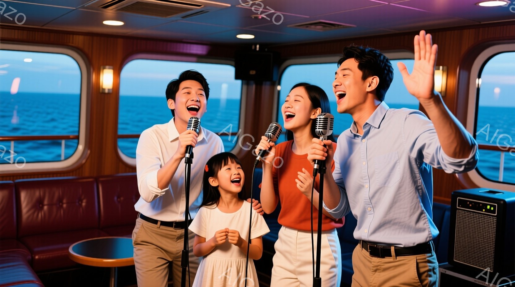 家族四人が船内のカラオケルームで楽しそうに歌っている様子が写っている。母親は赤いシャツにジーンズ、父親と息子は白いシャツにベージュのズボンというカジュアルな服装で、それぞれマイクを持って歌っている。背景には海が見え、室内は柔らかい照明で照らされ、明るく楽しい雰囲気が漂っている。