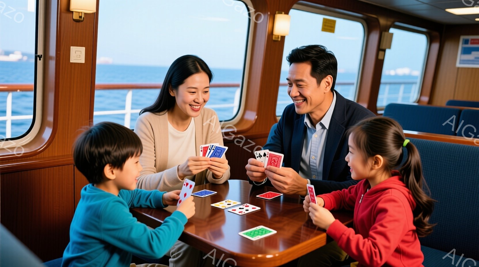 家族四人が船内のテーブルを囲んでカードゲームを楽しんでいる様子が描かれている。母親はベージュのニットを着て微笑み、父親は青いシャツにジャケットを羽織り、カードを見ている。子供たちはそれぞれ青と赤のトッ - AI生成フリー素材