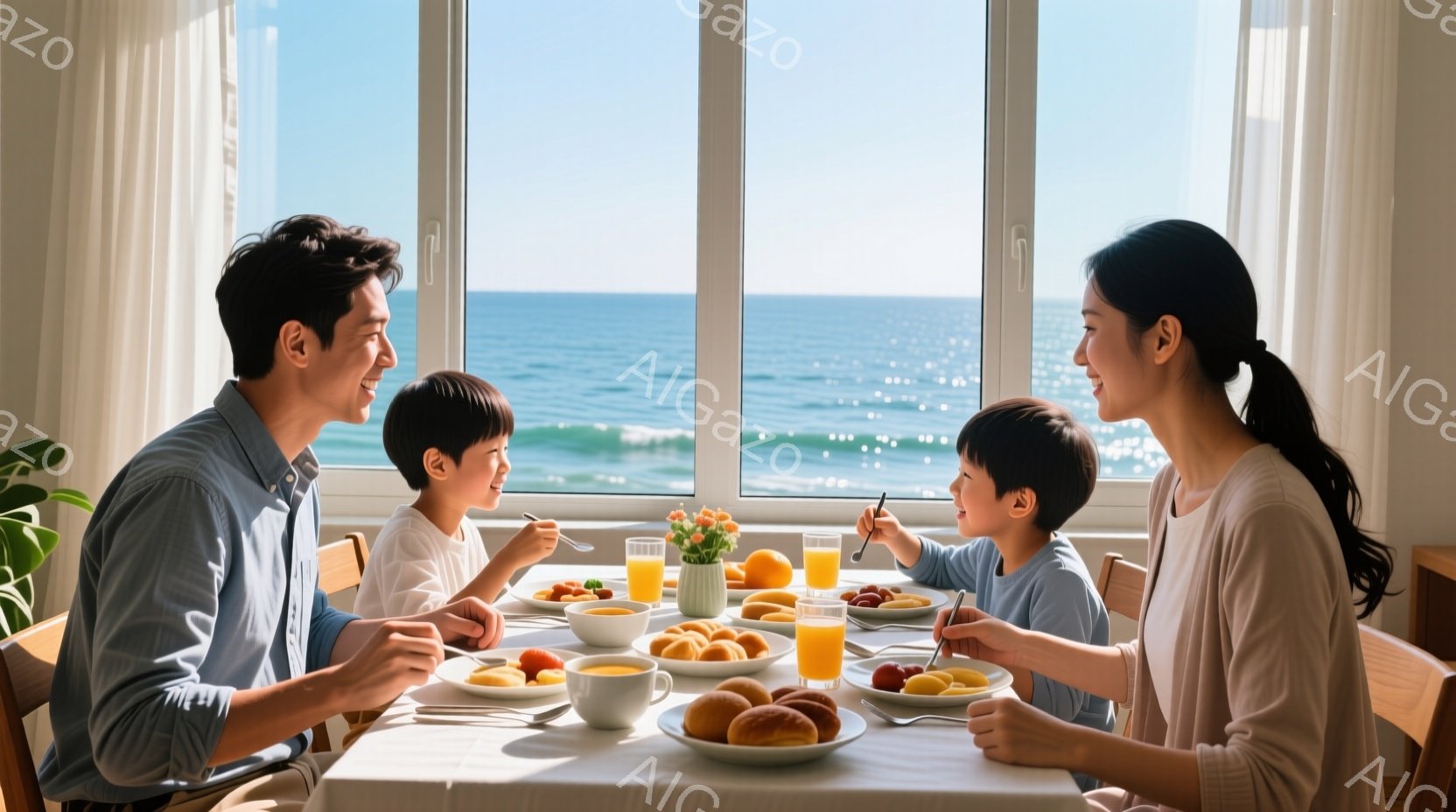 家族が明るいダイニングルームで朝食をとっている様子が写っています。父親は水色のシャツを着て、息子たちはそれぞれ青いTシャツを着ています。母親はベージュ色のシャツを着ており、皆穏やかな表情で食事を楽しんでいます。