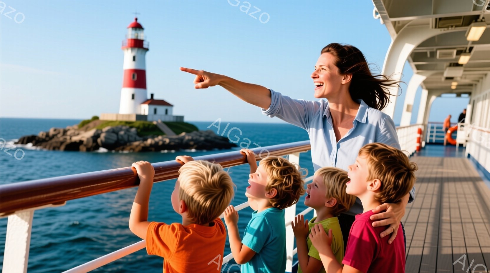 明るい晴天の下、船のデッキで女性と三人の少年が灯台を見ている。女性は紺色のシャツを着ており、髪を後ろでまとめて、興奮した様子で灯台を指差している。少年たちはそれぞれオレンジ色、ターコイズブルー、ピンク - AI生成フリー素材