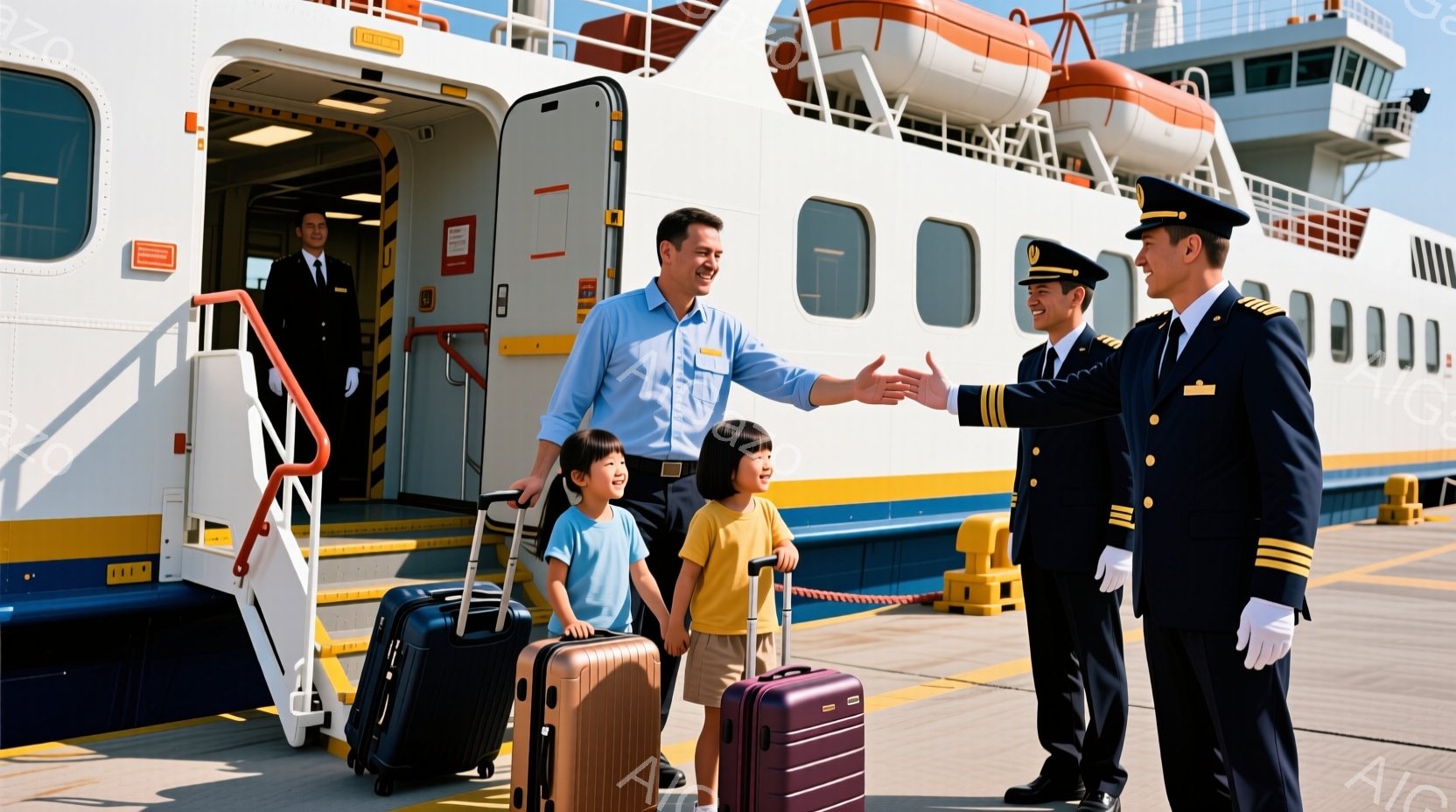 船のデッキで、制服を着た男性乗組員が、スーツを着た父親と、2人の子供たちを迎えています。子供たちはそれぞれスーツケースを引きずり、父親は笑顔で、乗組員と握手しています。背景には船の白い船体が見え、晴れた空と穏やかな海を背景に、歓迎の雰囲気が漂っています。