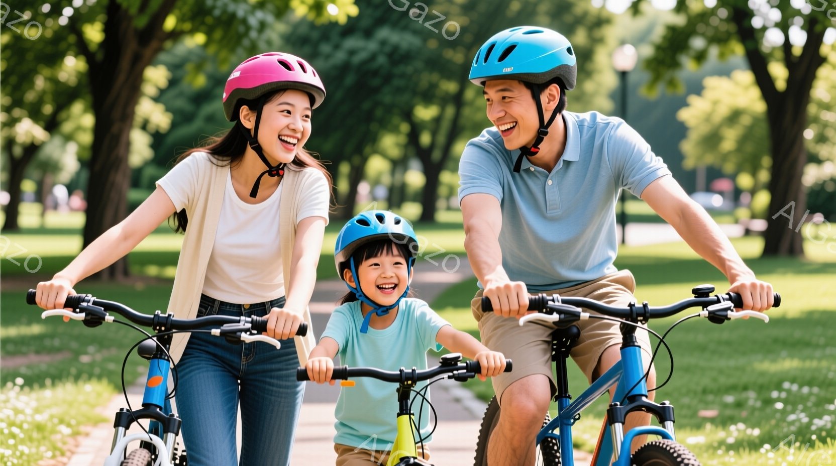 家族が自転車に乗って公園の道を走っている写真です。母親は白いTシャツ、父親は青いポロシャツを着ており、どちらもヘルメットを着用しています。子供は明るい青いTシャツを着ており、全員が笑顔で、楽しそうで明 - AI生成フリー素材
