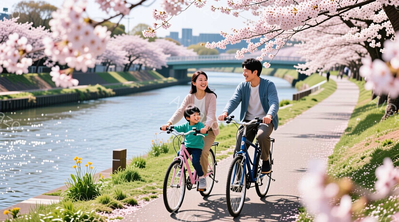桜並木の中を、若い夫婦と子供が自転車で走っている様子が写っている。母親はベージュのセーターを着ており、髪を後ろで結んでいる。父親と子供はそれぞれ青いシャツと緑のシャツを着ており、皆笑顔で楽しそうにサイクリングを楽しんでいる。
